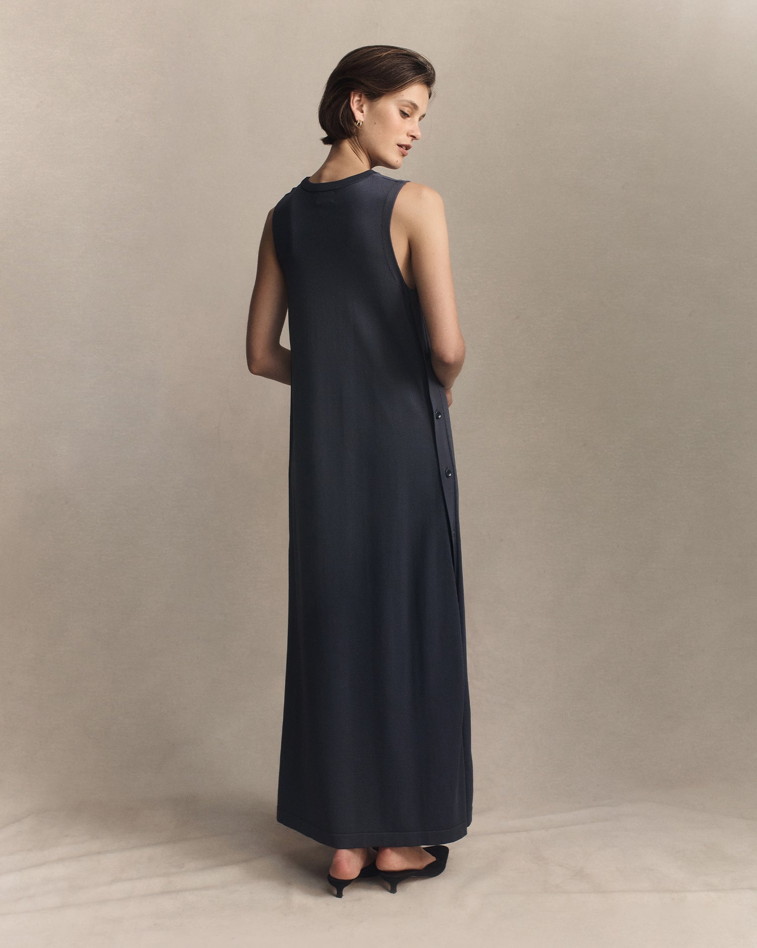 Crepe Knit Button Dress - Oily Blue