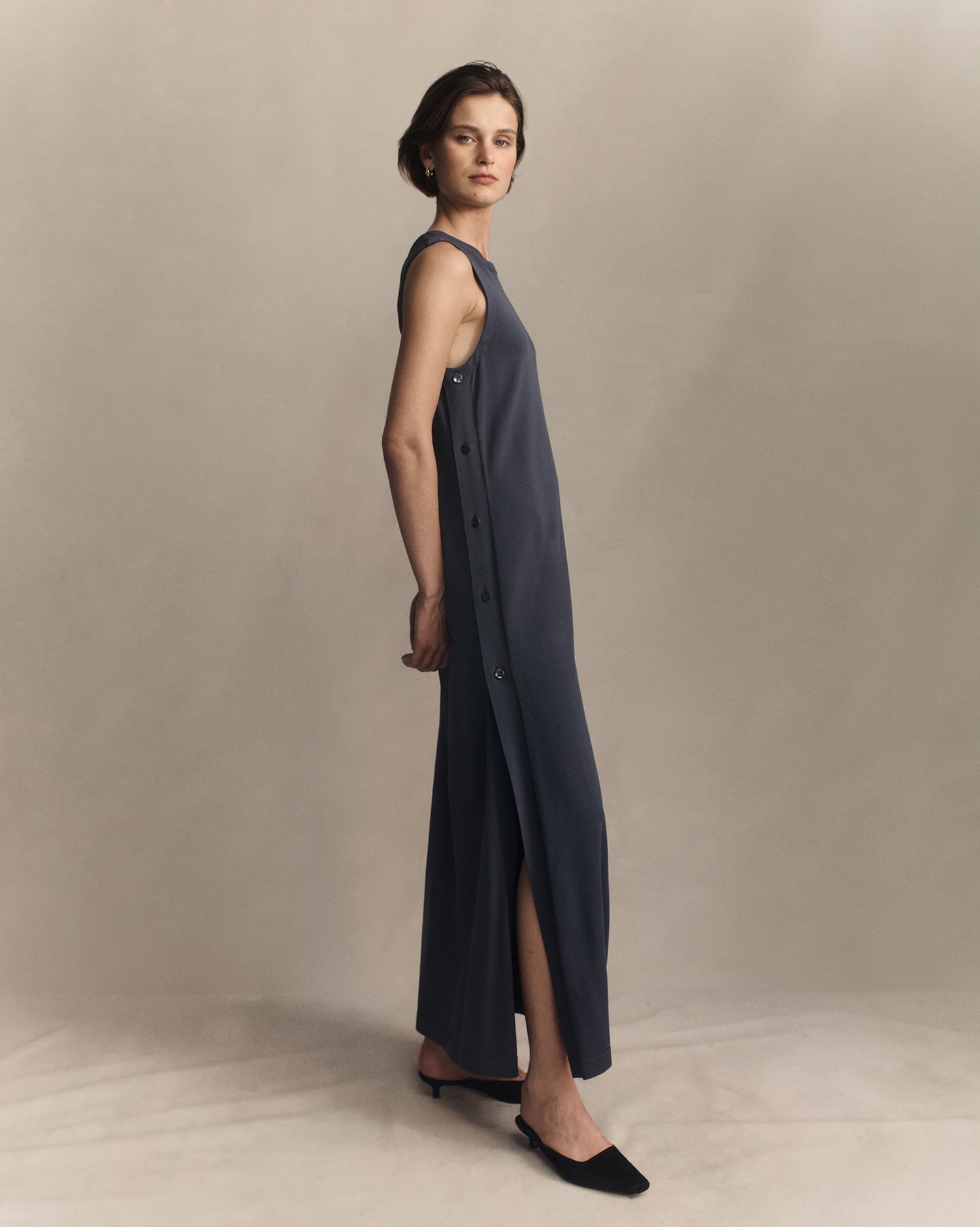 Crepe Knit Button Dress - Oily Blue