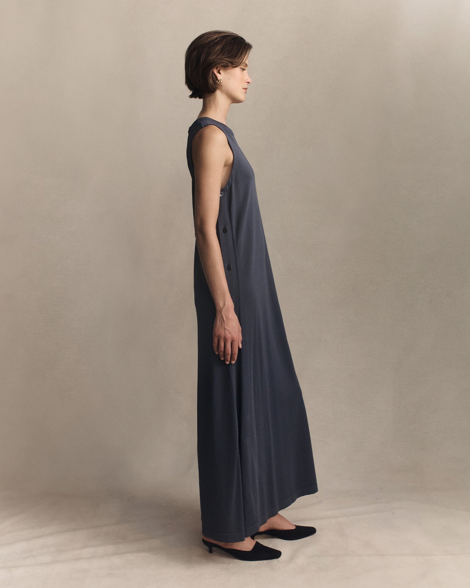 Crepe Knit Button Dress - Oily Blue