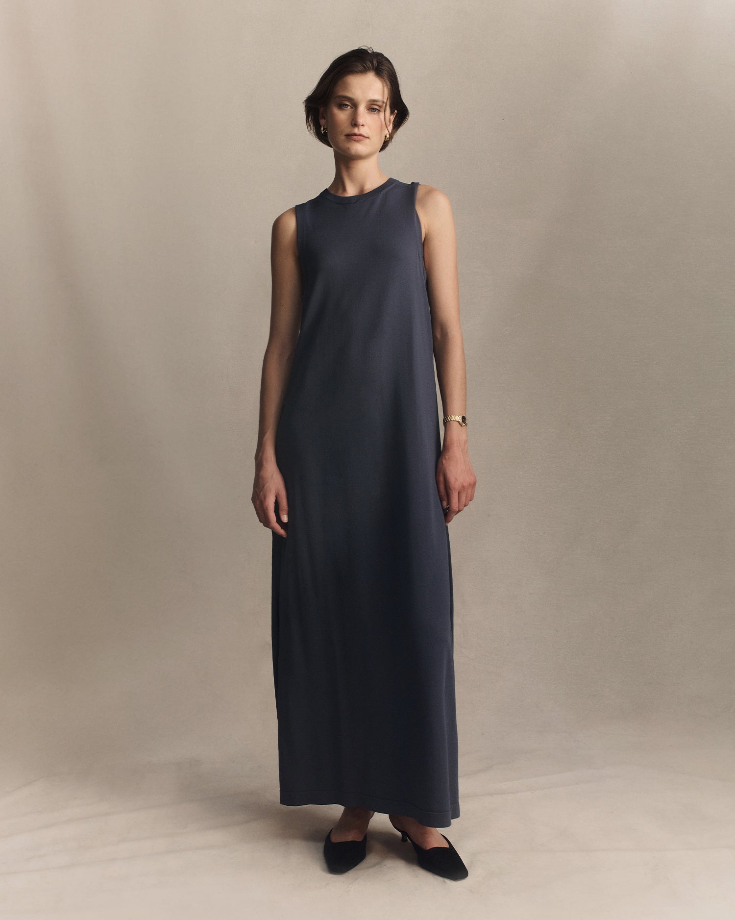 Crepe Knit Button Dress - Oily Blue