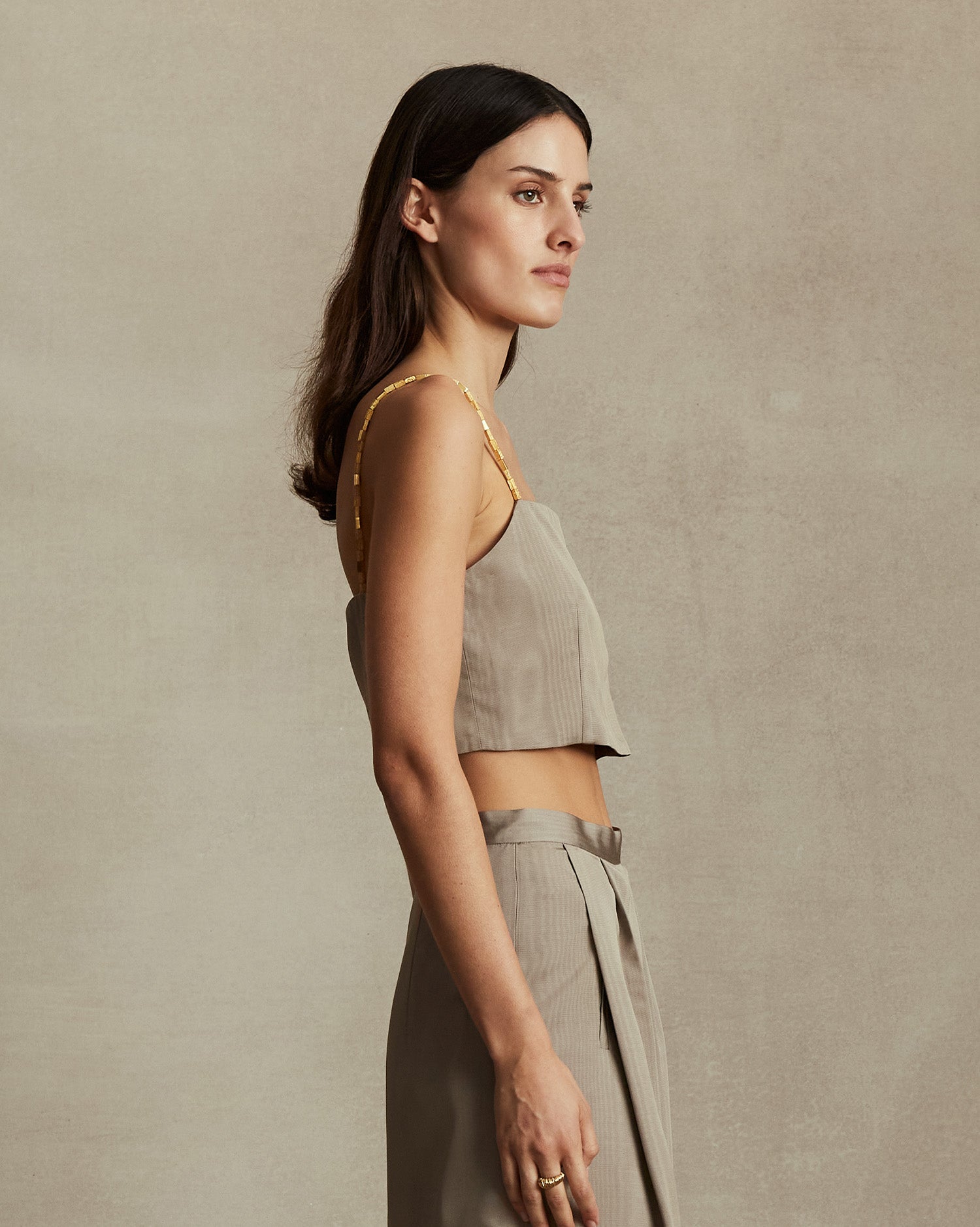 Helena Beaded Crop Top - Taupe Moire