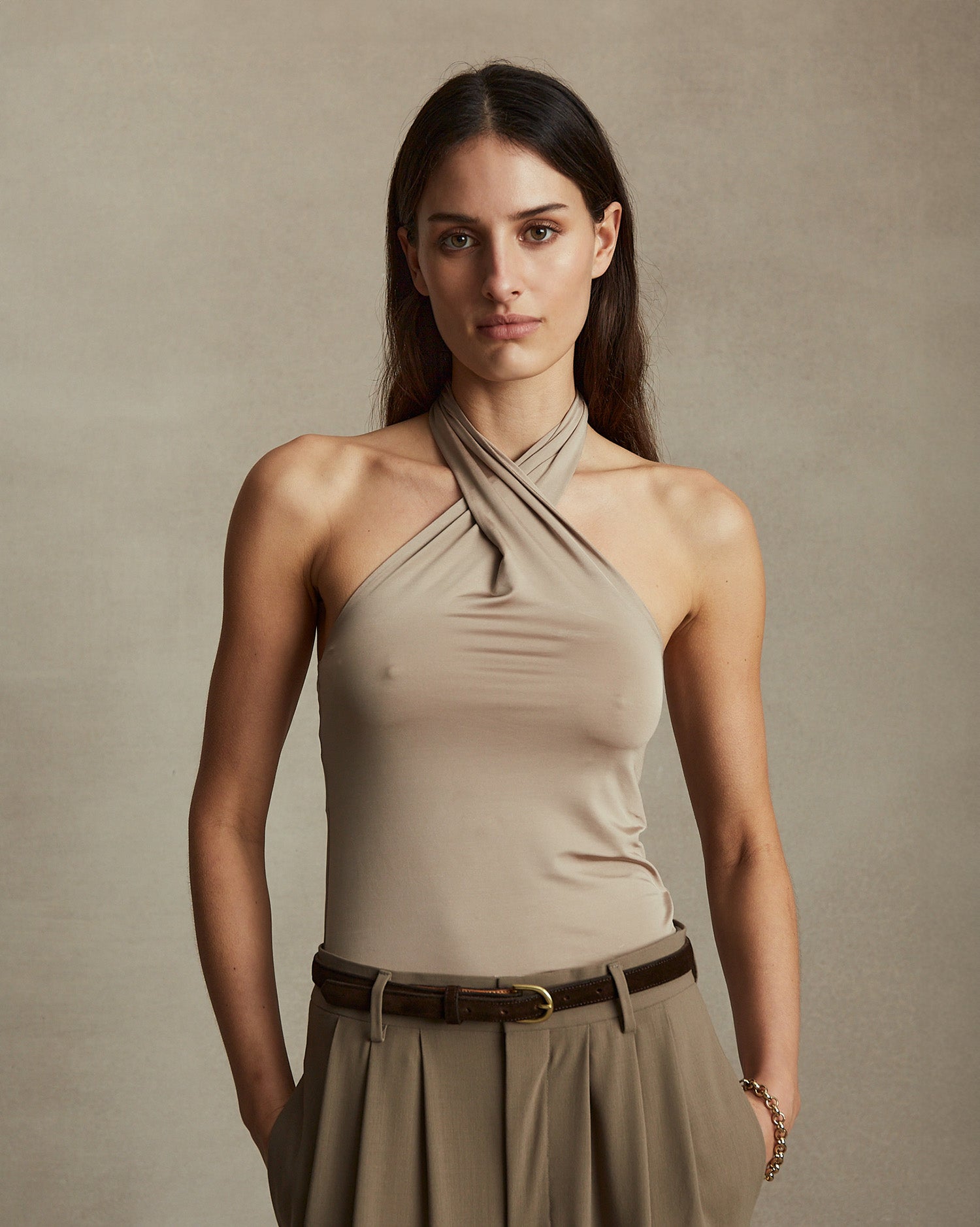 Sarah Jersey Halter Top - Taupe