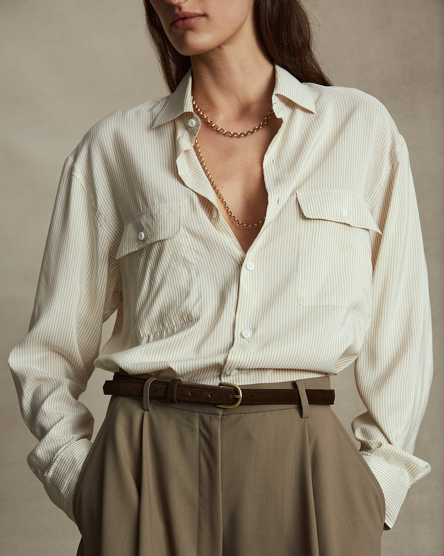 Camilla Shirt - Beige Stripe Silk