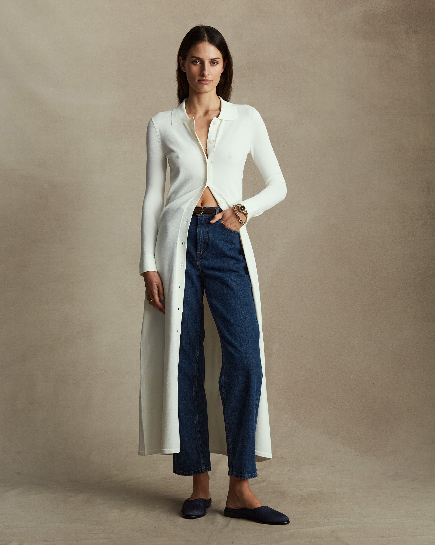 Crepe Knit Shirt Dress - Off White
