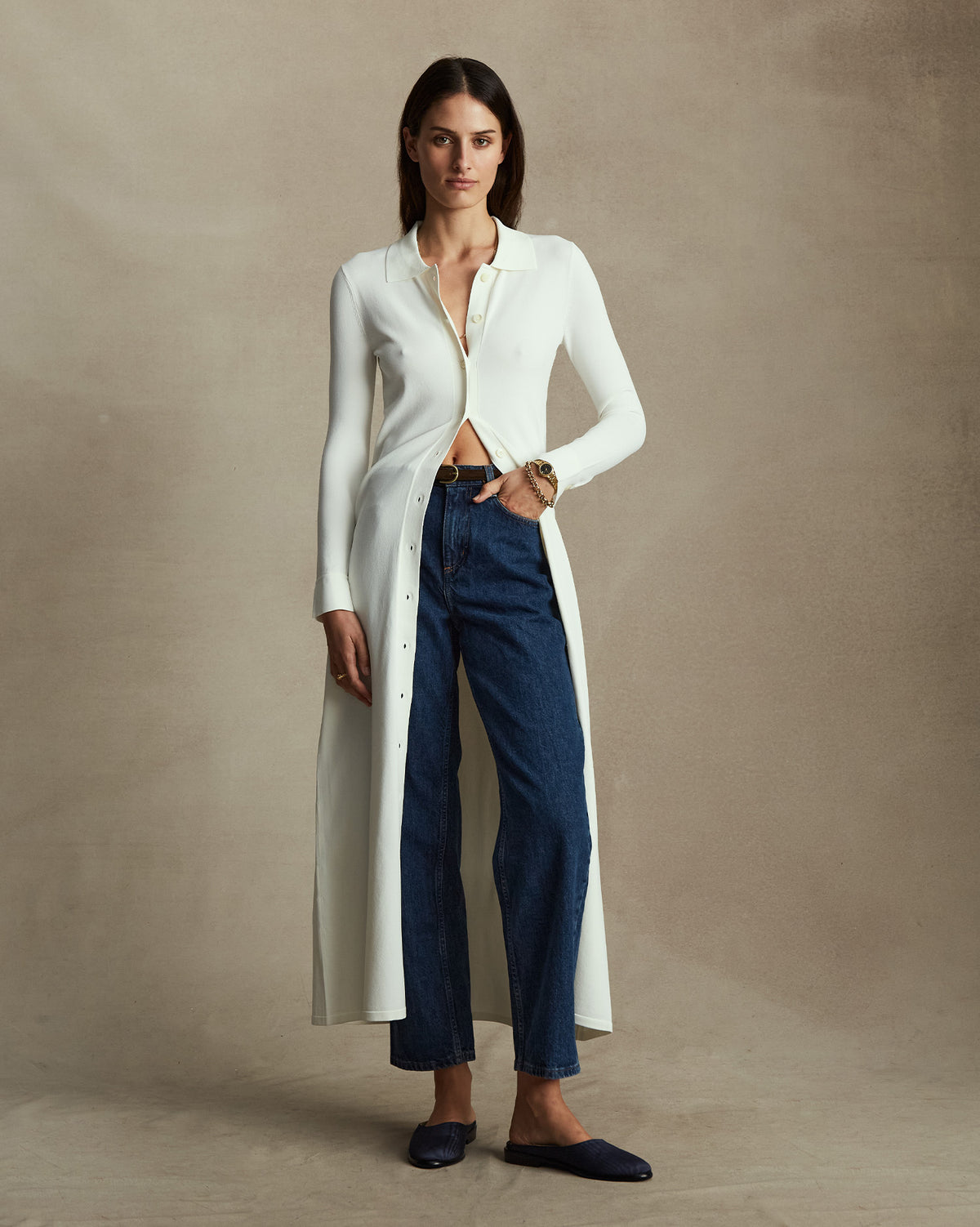 Crepe Knit Shirt Dress Off White