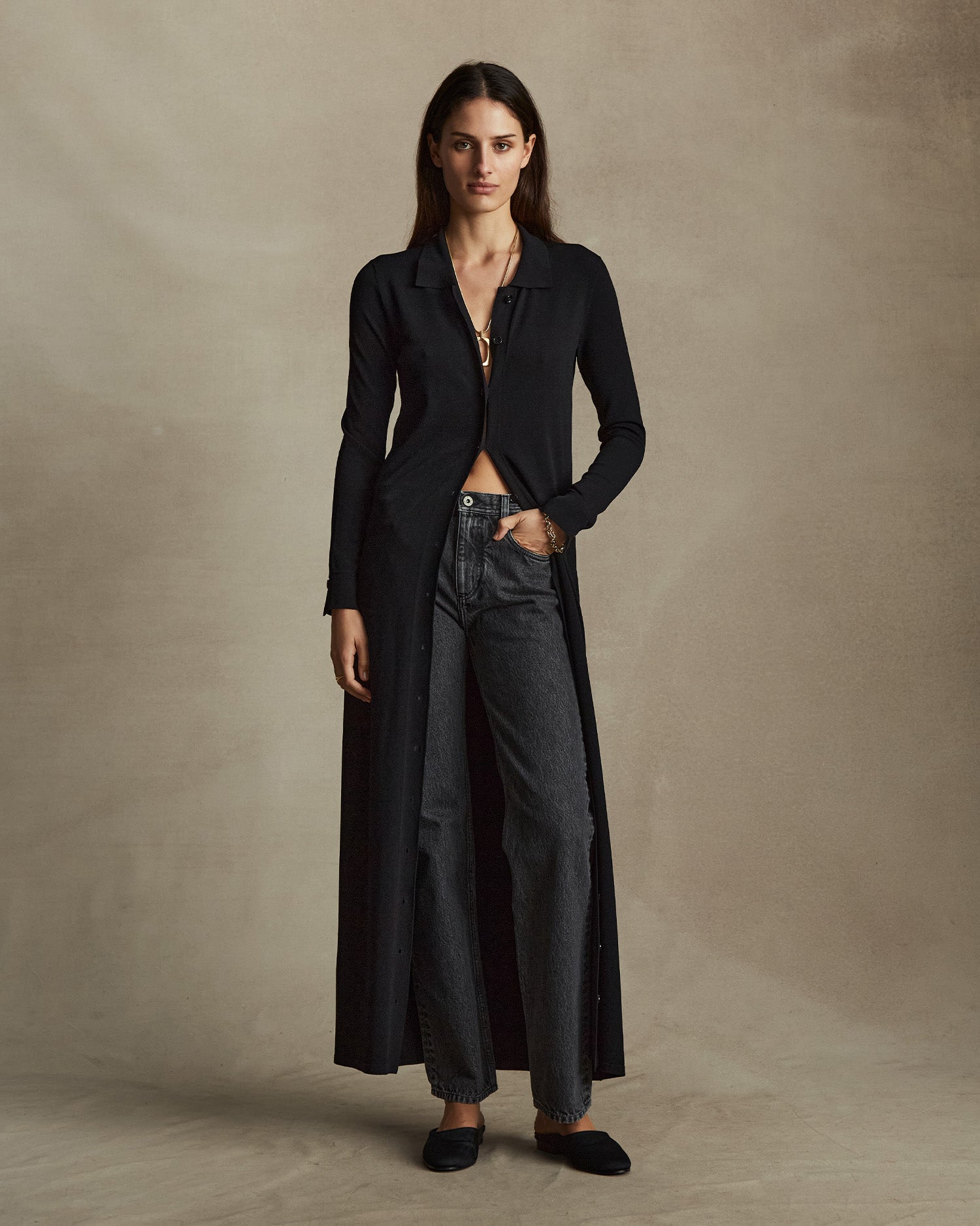 Crepe Knit Shirt Dress - Black
