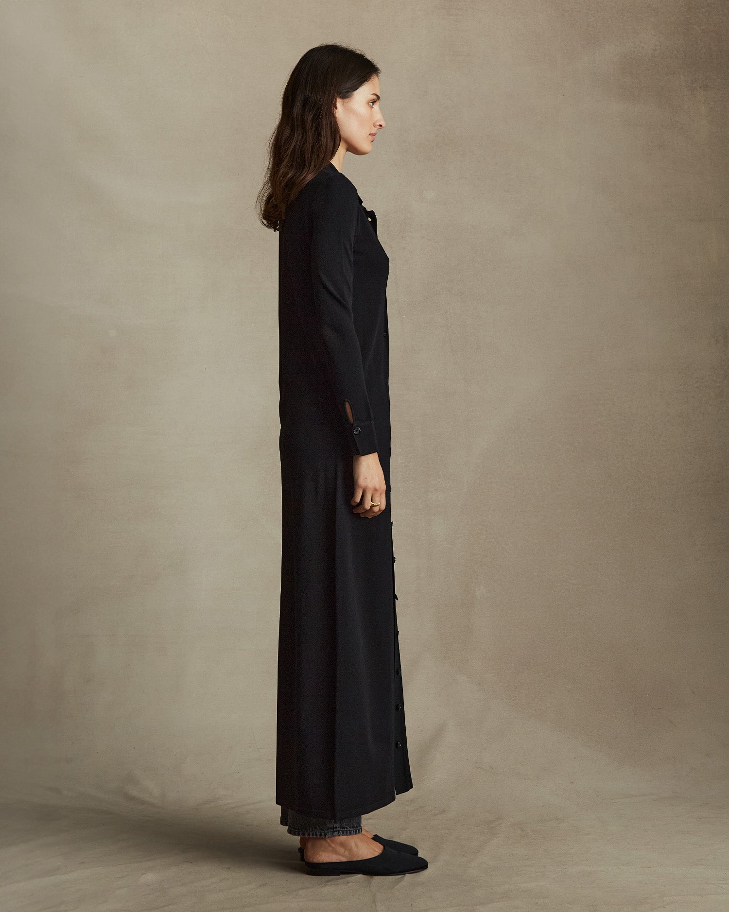 Crepe Knit Shirt Dress - Black