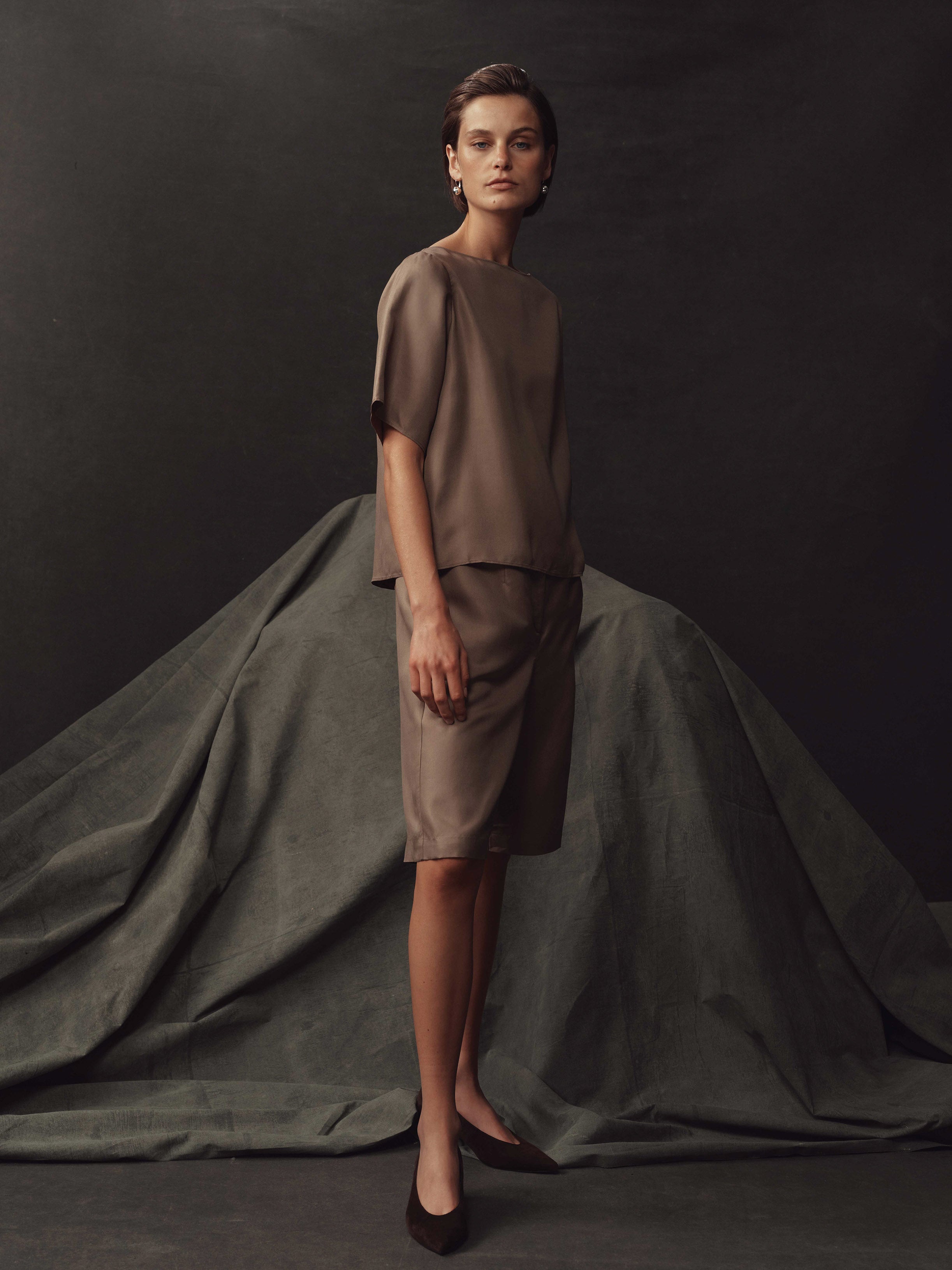 Boat Neck Top - Taupe Dupioni