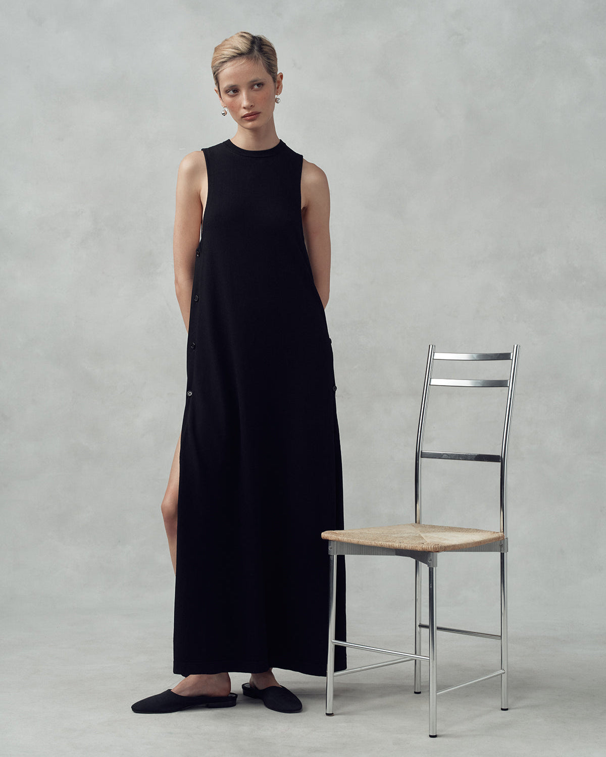 Crepe Knit Button Dress - Black