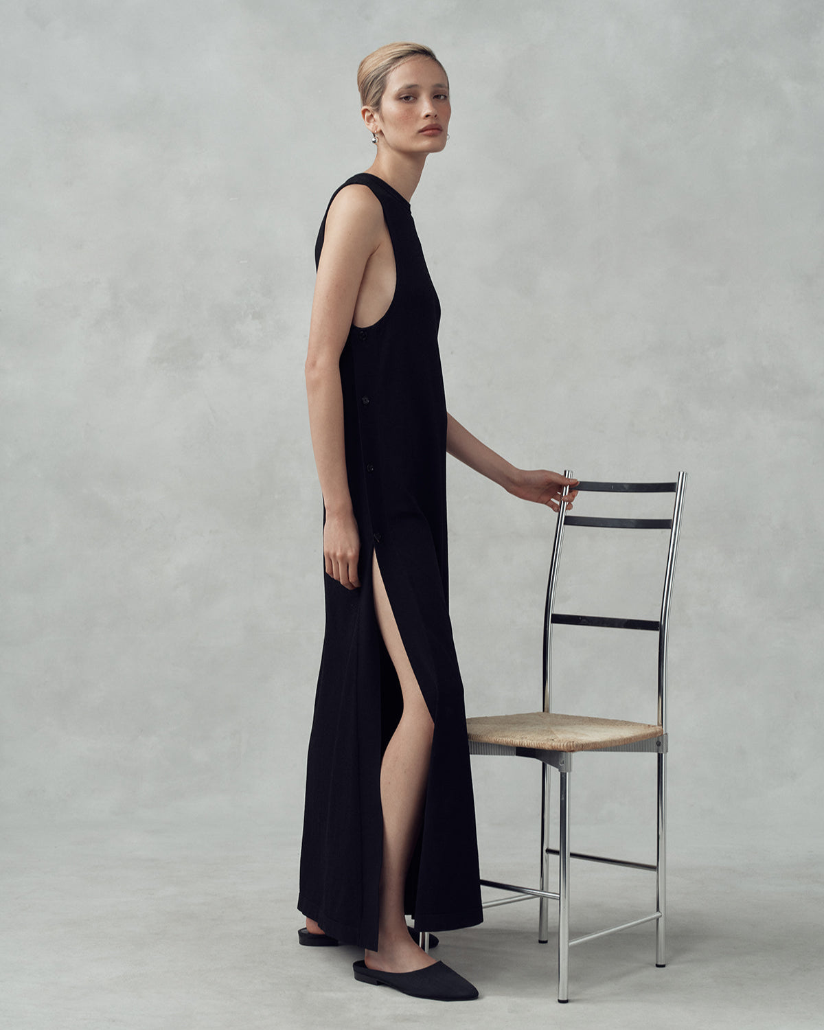 Crepe Knit Button Dress - Black