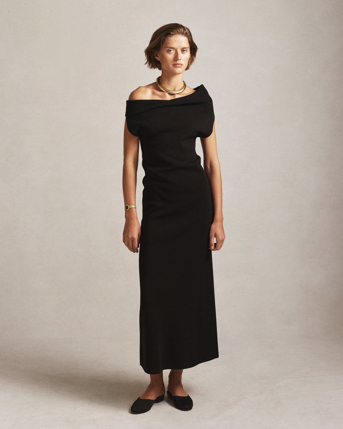 coralie off shoulder front slit dress Coralie Off Shoulder Knit Dress