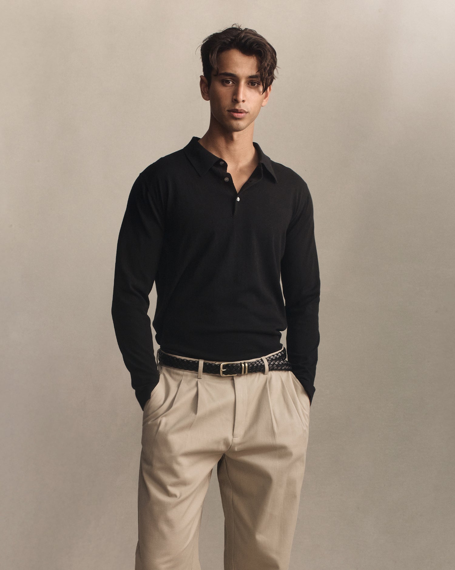 Ice Cotton Long Sleeve Polo - Black