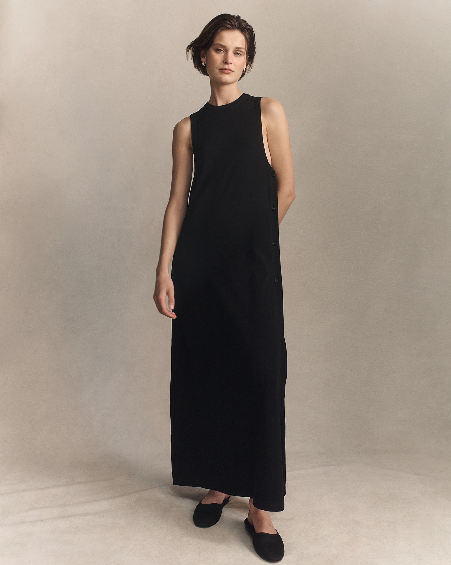 Crepe Knit Button Dress - Black