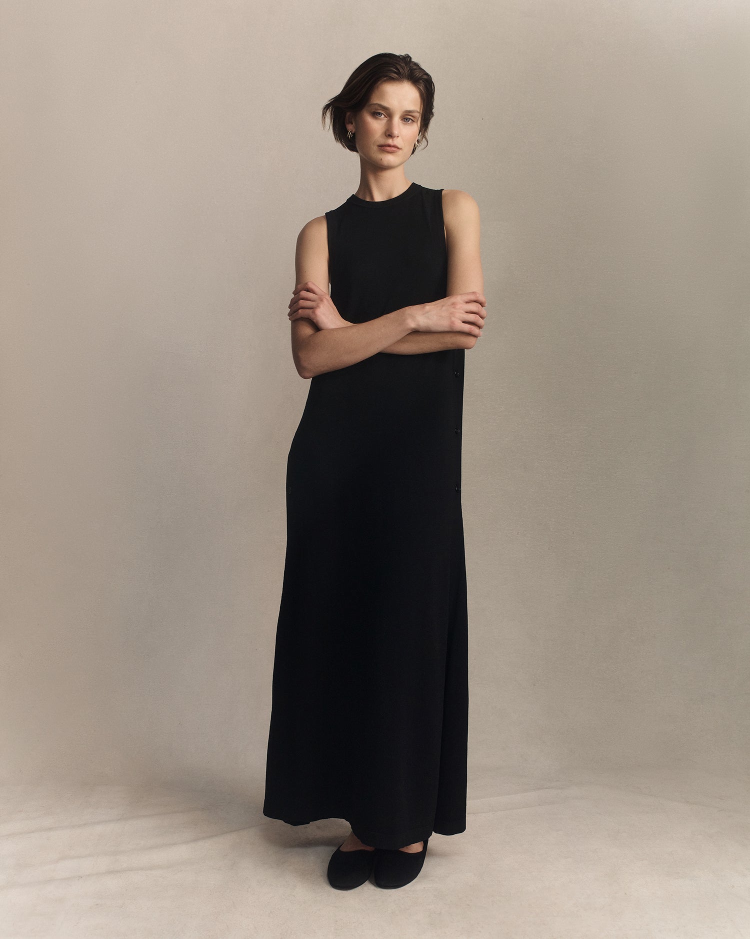 Crepe Knit Button Dress - Black
