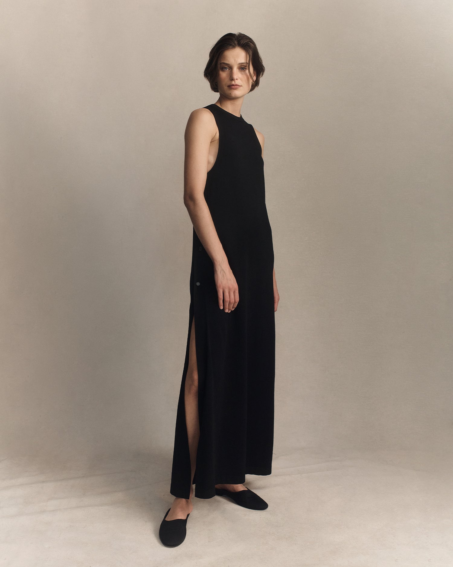 Crepe Knit Button Dress - Black