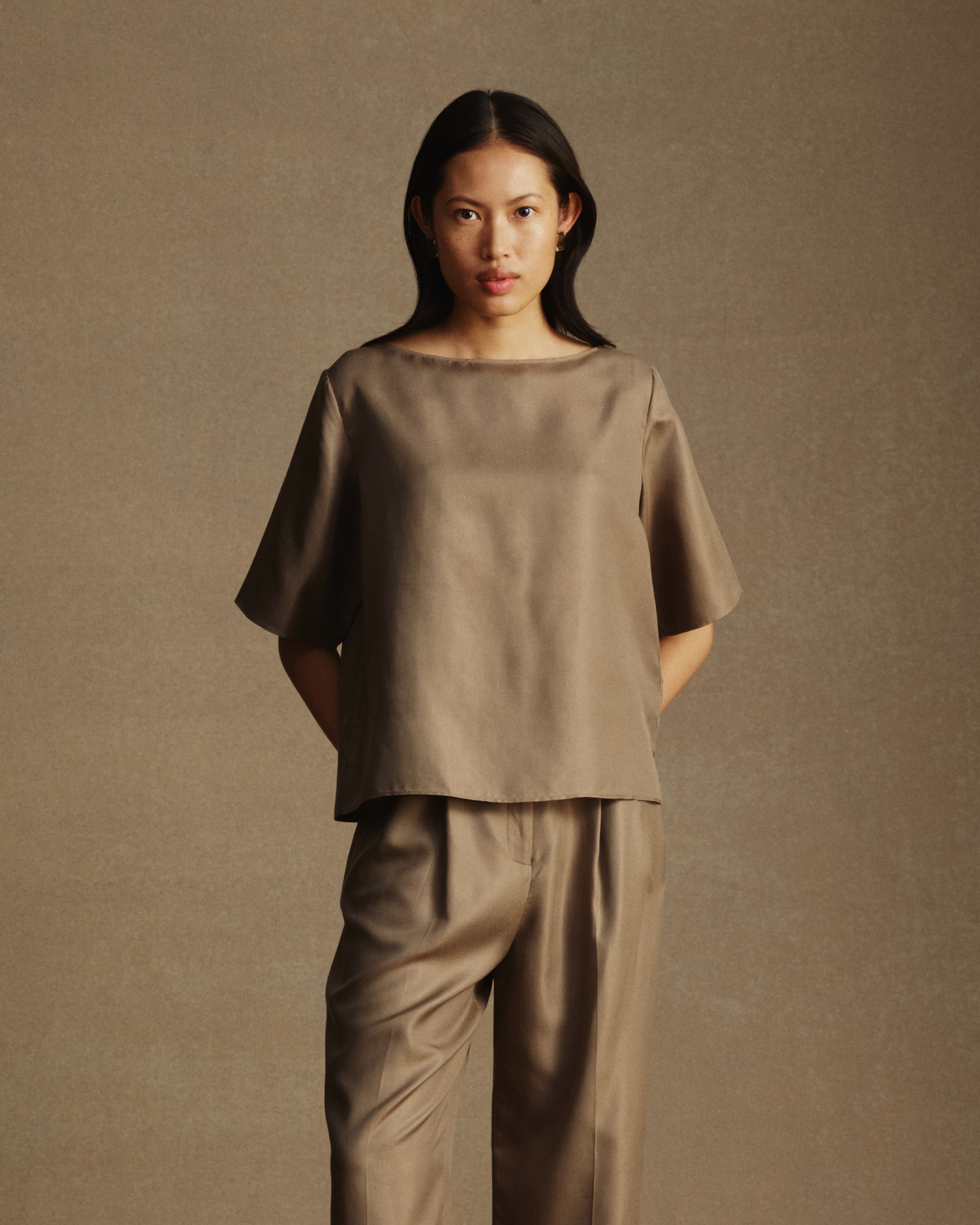 Boat Neck Top - Taupe Dupioni