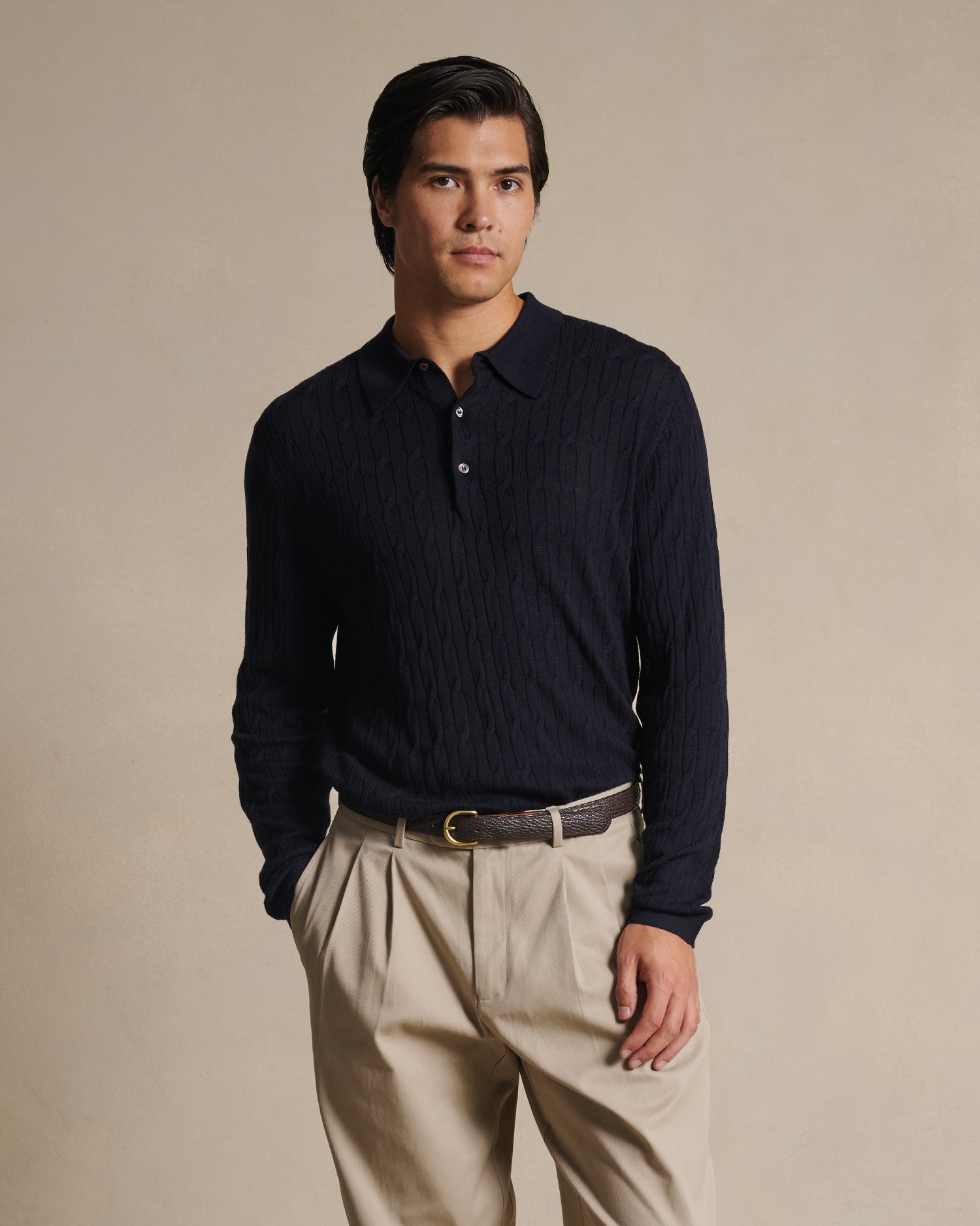 Merino Cable Knit Polo - Navy