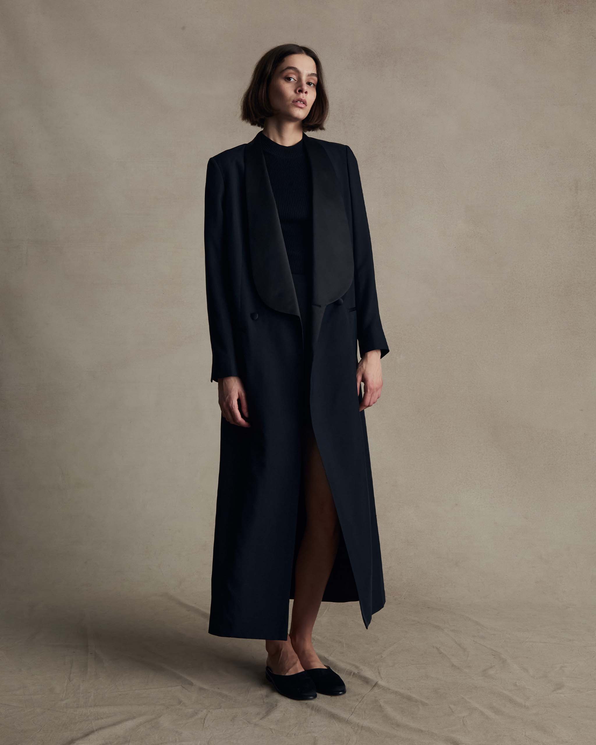 Black Silk Tuxedo Coat Dress