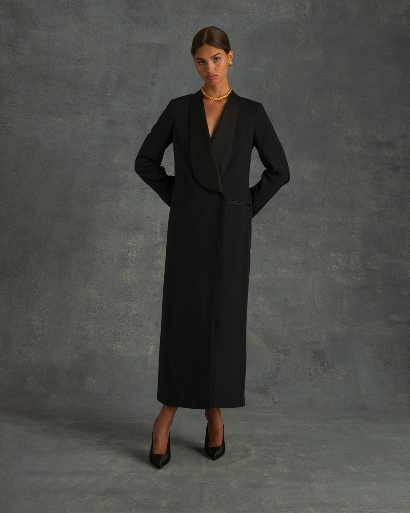 Black Silk Tuxedo Coat Dress