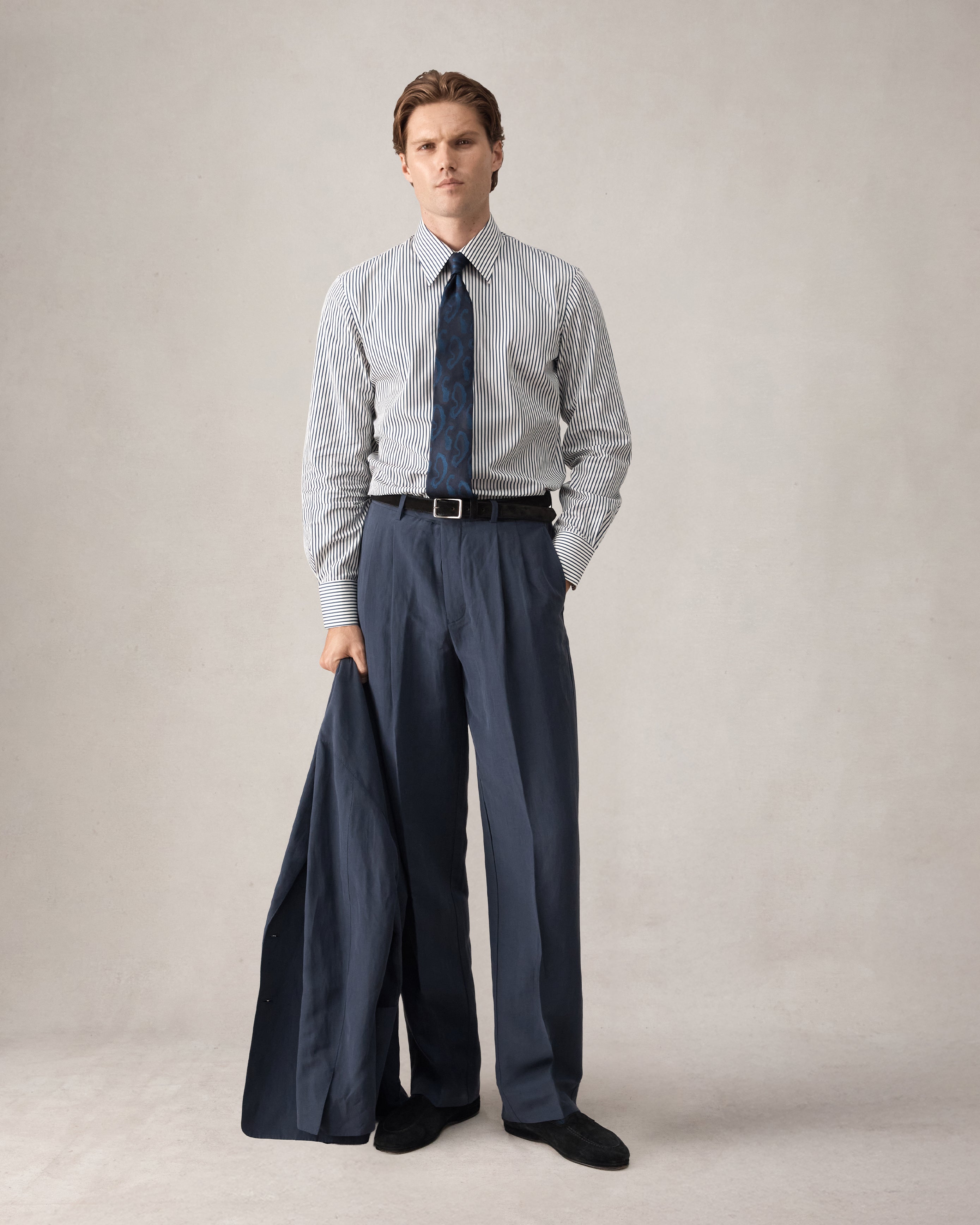 Double Pleated Trouser - Navy Silk Linen