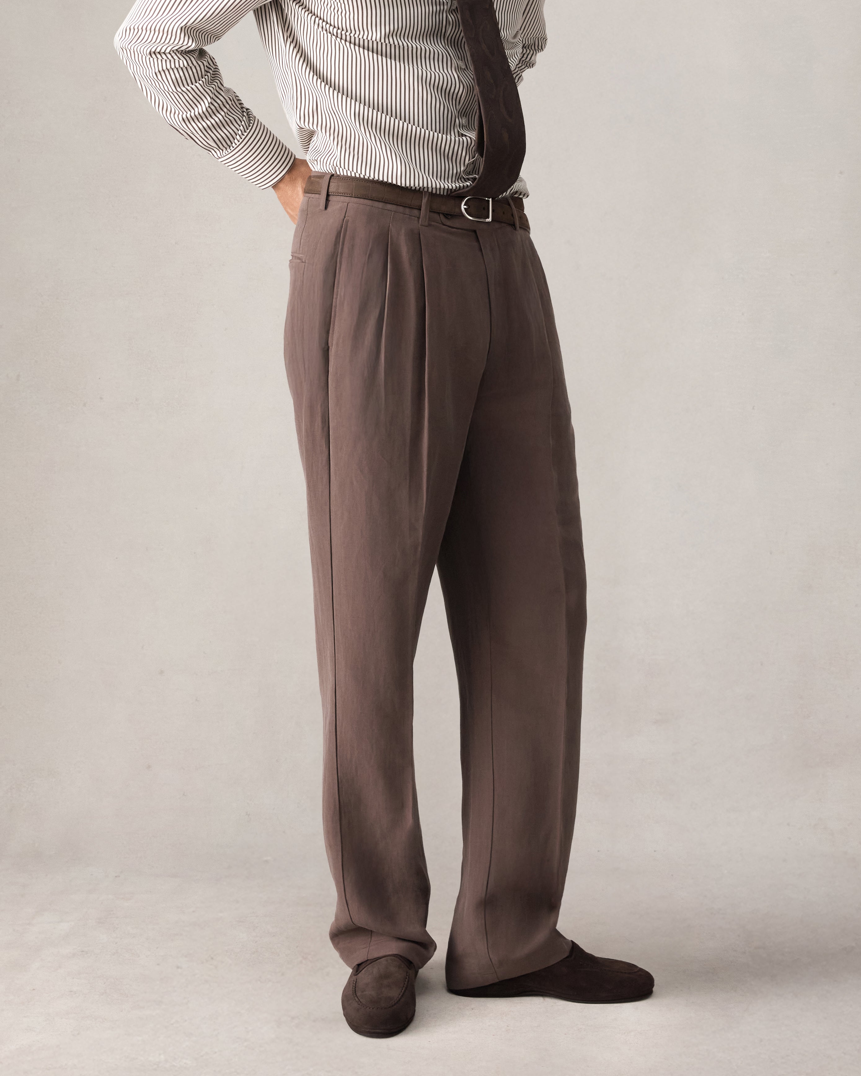 Double Pleated Trouser - Chocolate Silk Linen