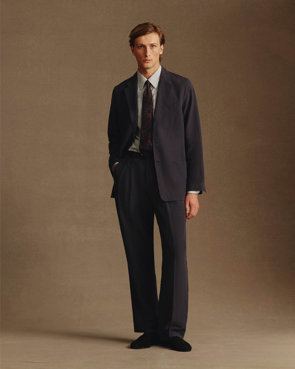 Double Pleated Trouser - Navy Silk Linen