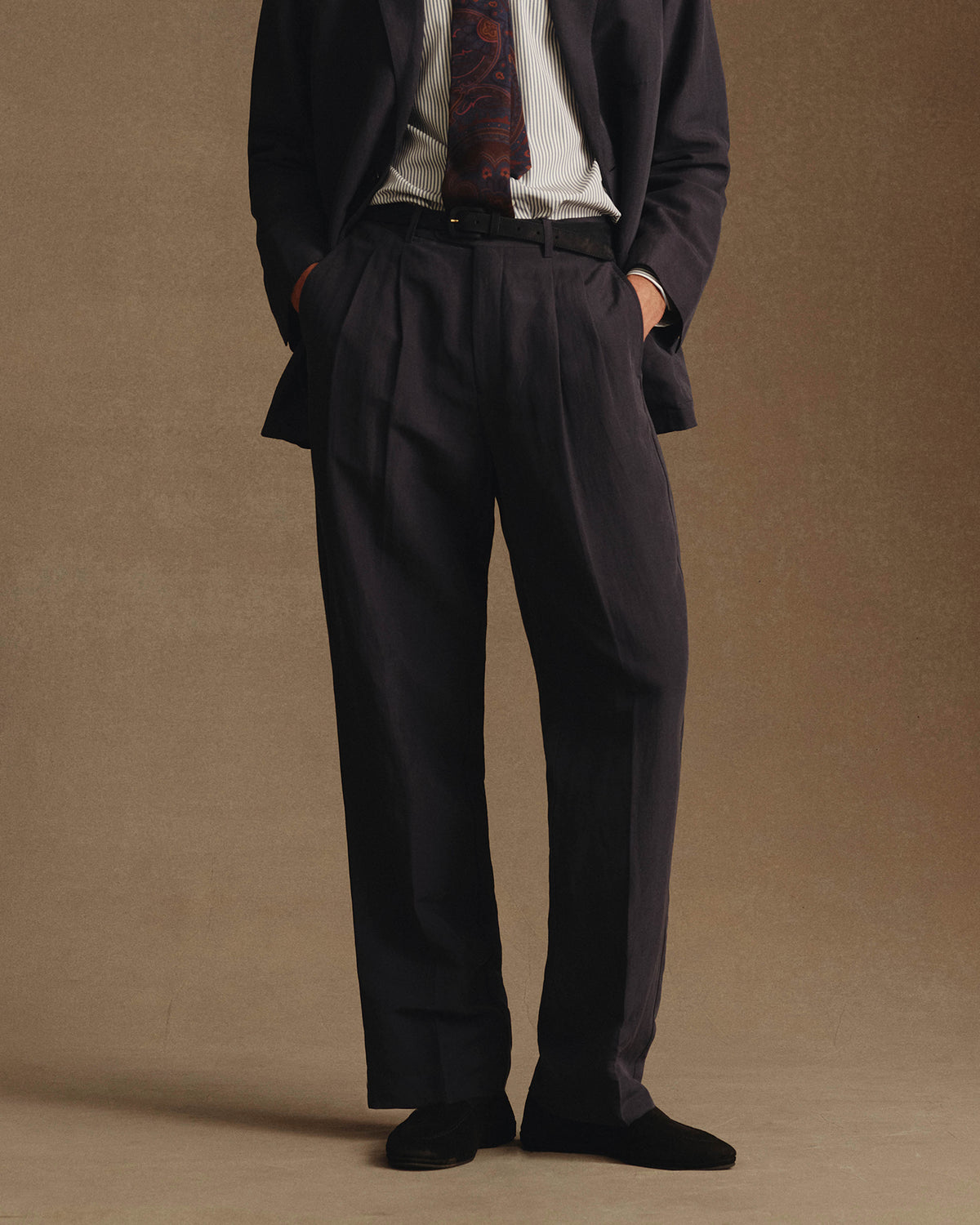 Double Pleated Trouser - Navy Silk Linen