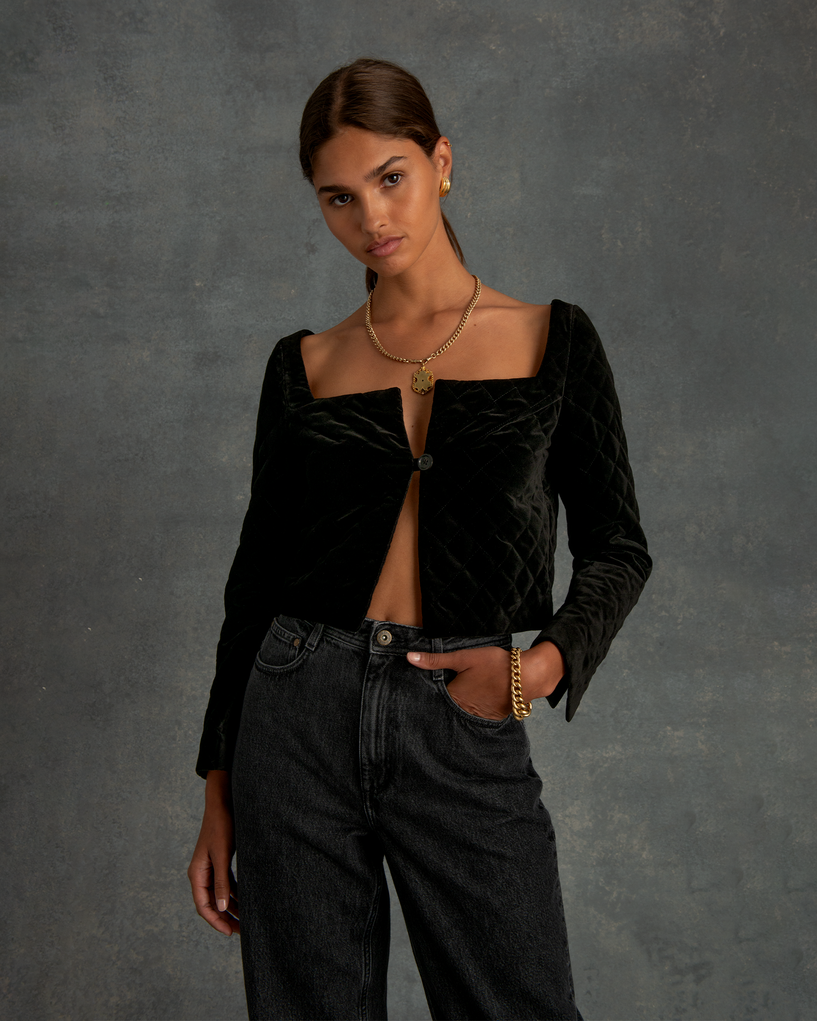 Black Velvet Quilted Square Neck Jacket