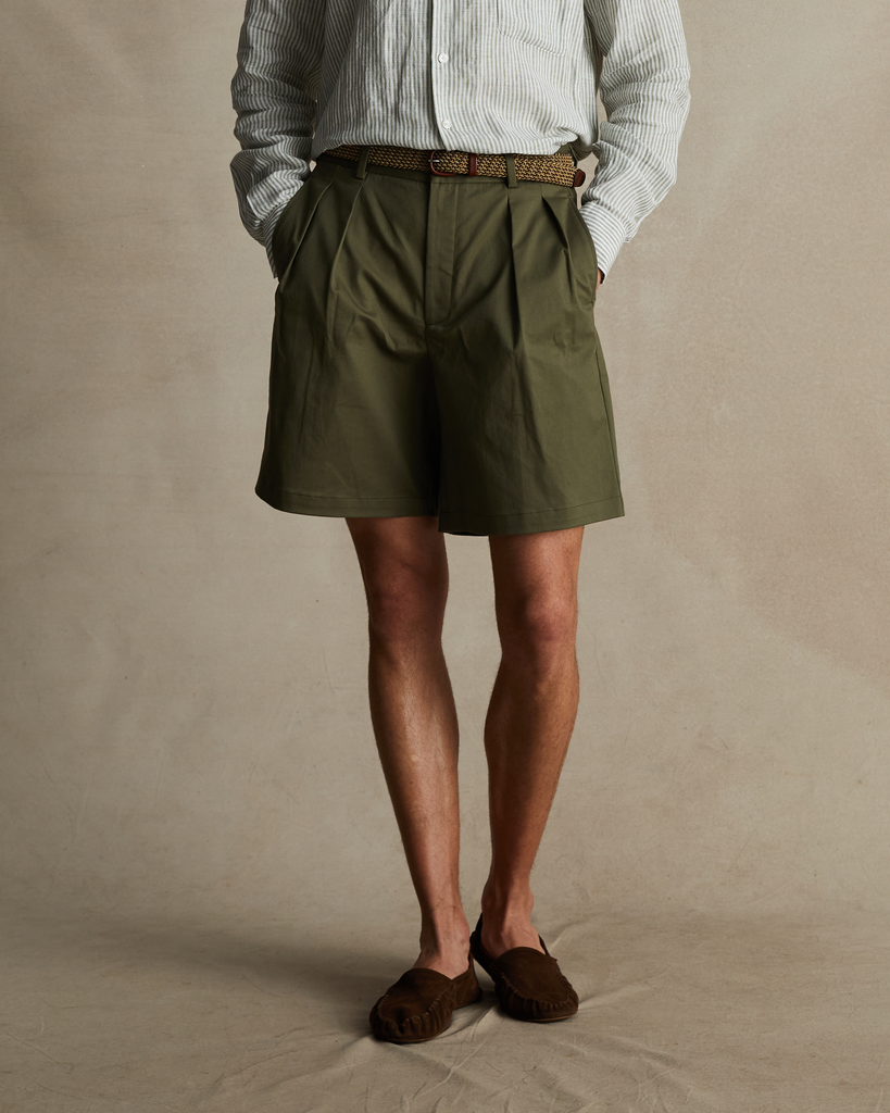 Olive Pleated Chino Shorts