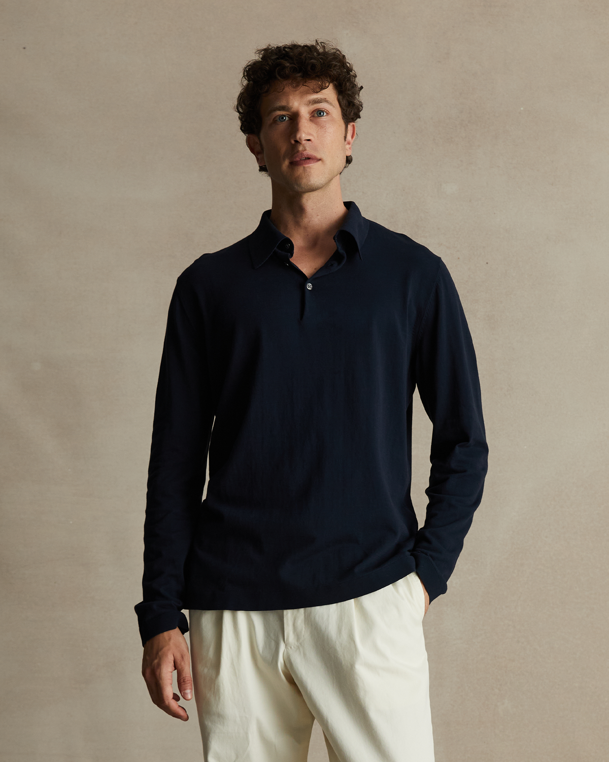 Navy Ice Cotton Long Sleeve Polo