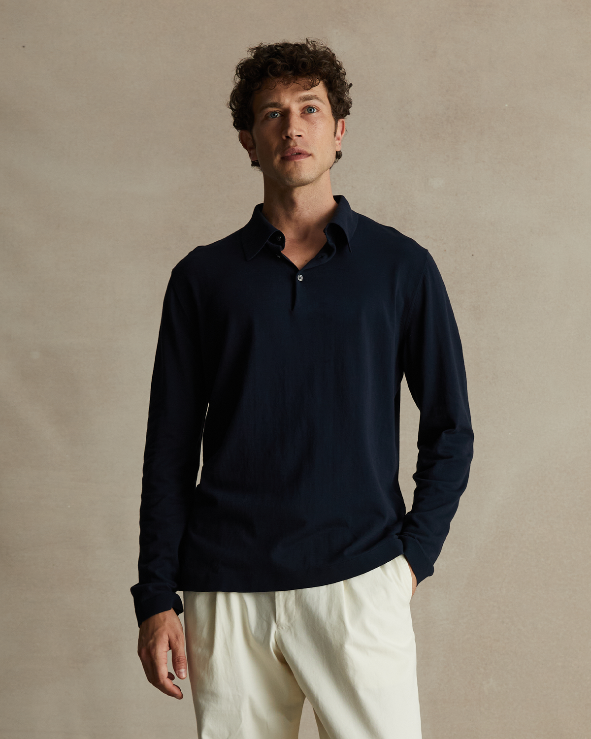 Navy Ice Cotton Long Sleeve Polo P Johnson