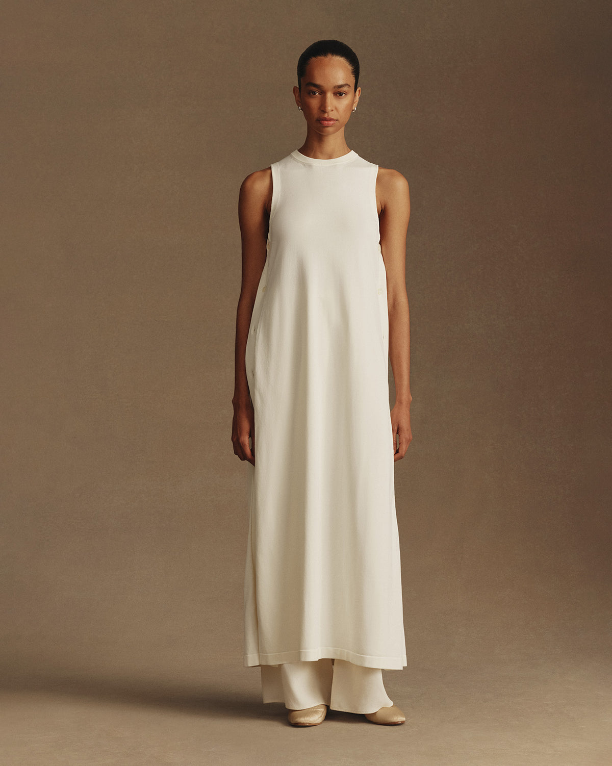 Crepe Knit Button Dress - Off White