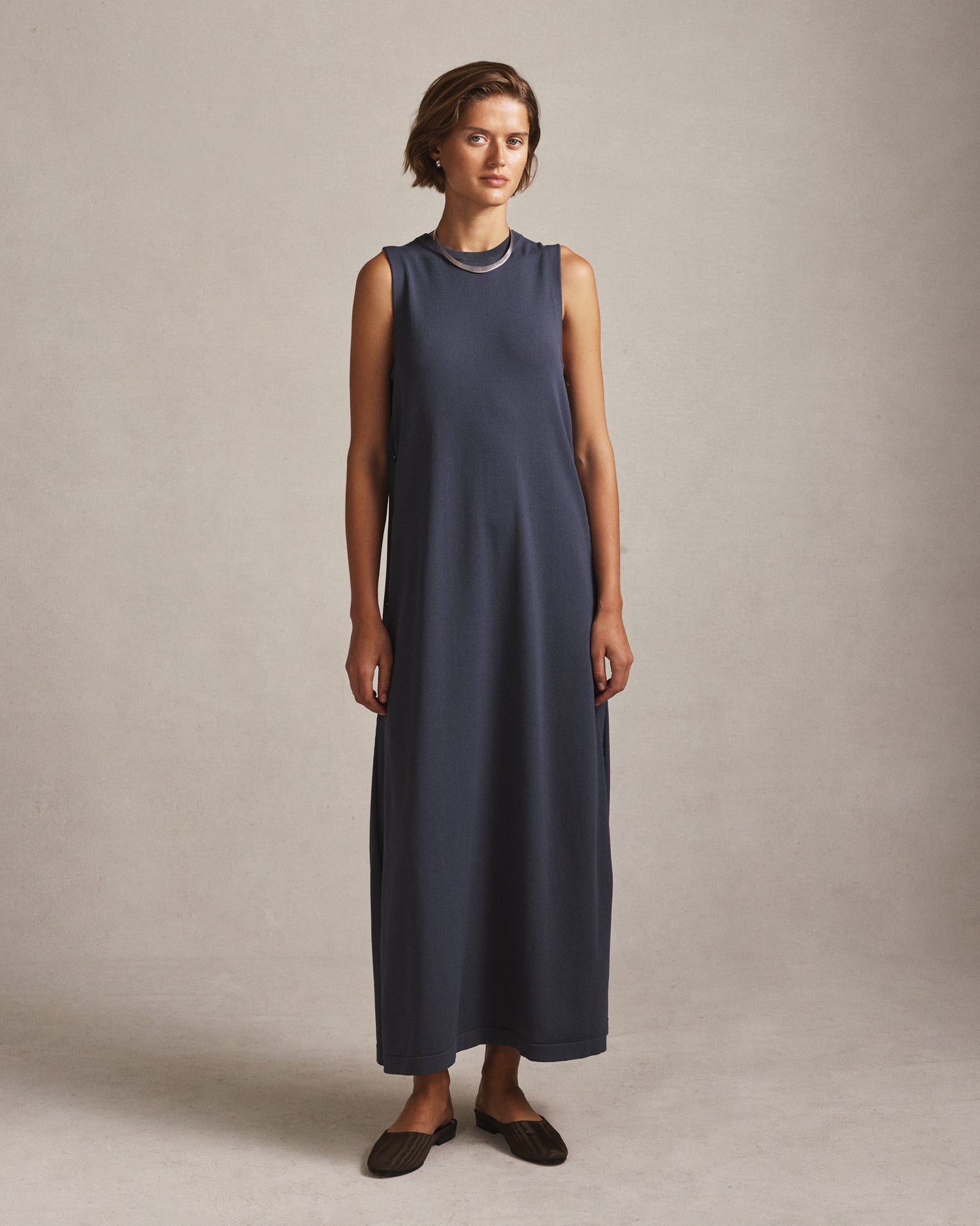 Crepe Knit Button Dress - Oily Blue