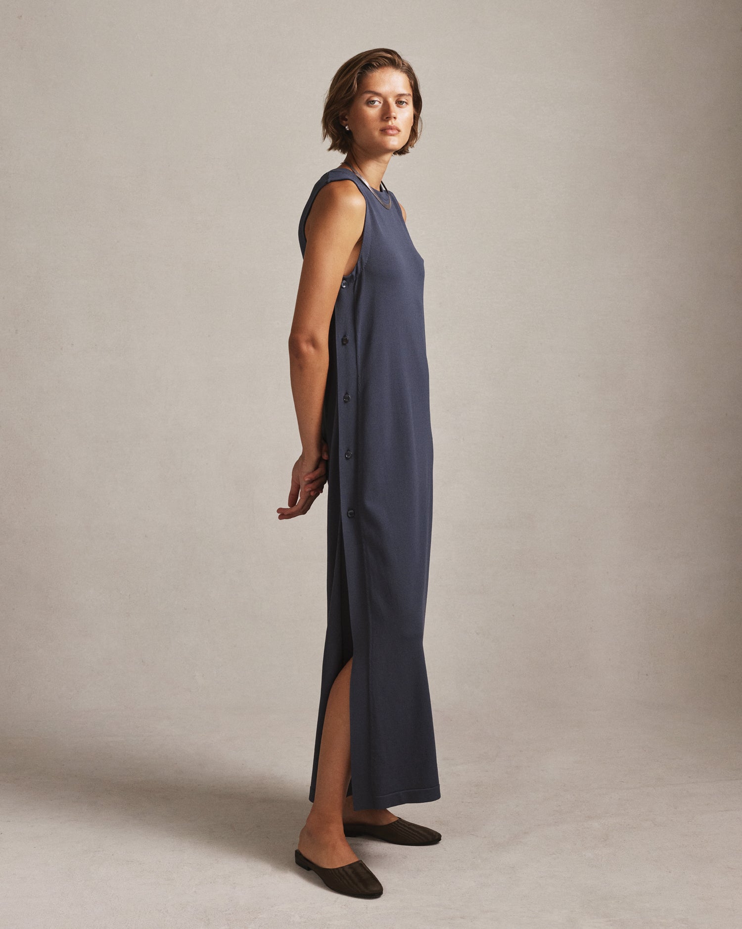 Crepe Knit Button Dress - Oily Blue