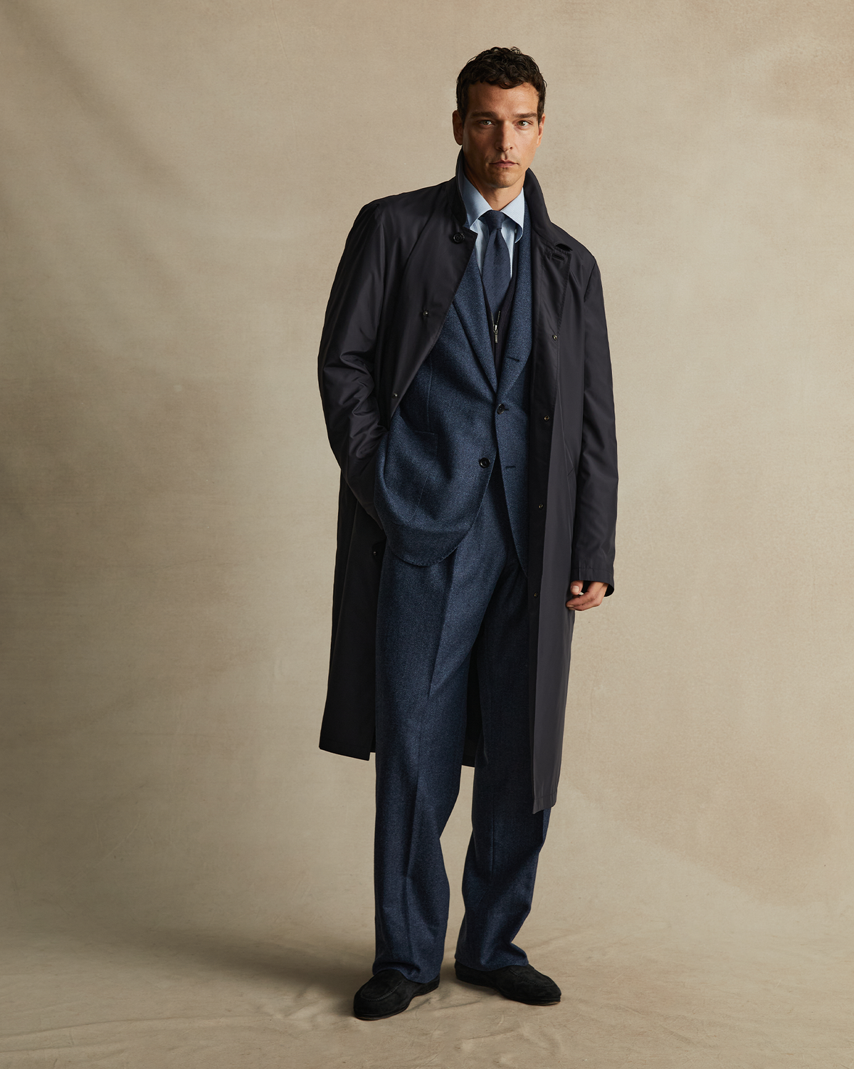 Navy Mens Waterproof Mac Jacket Navy Zip Stud Mac Coat Real Hoxton