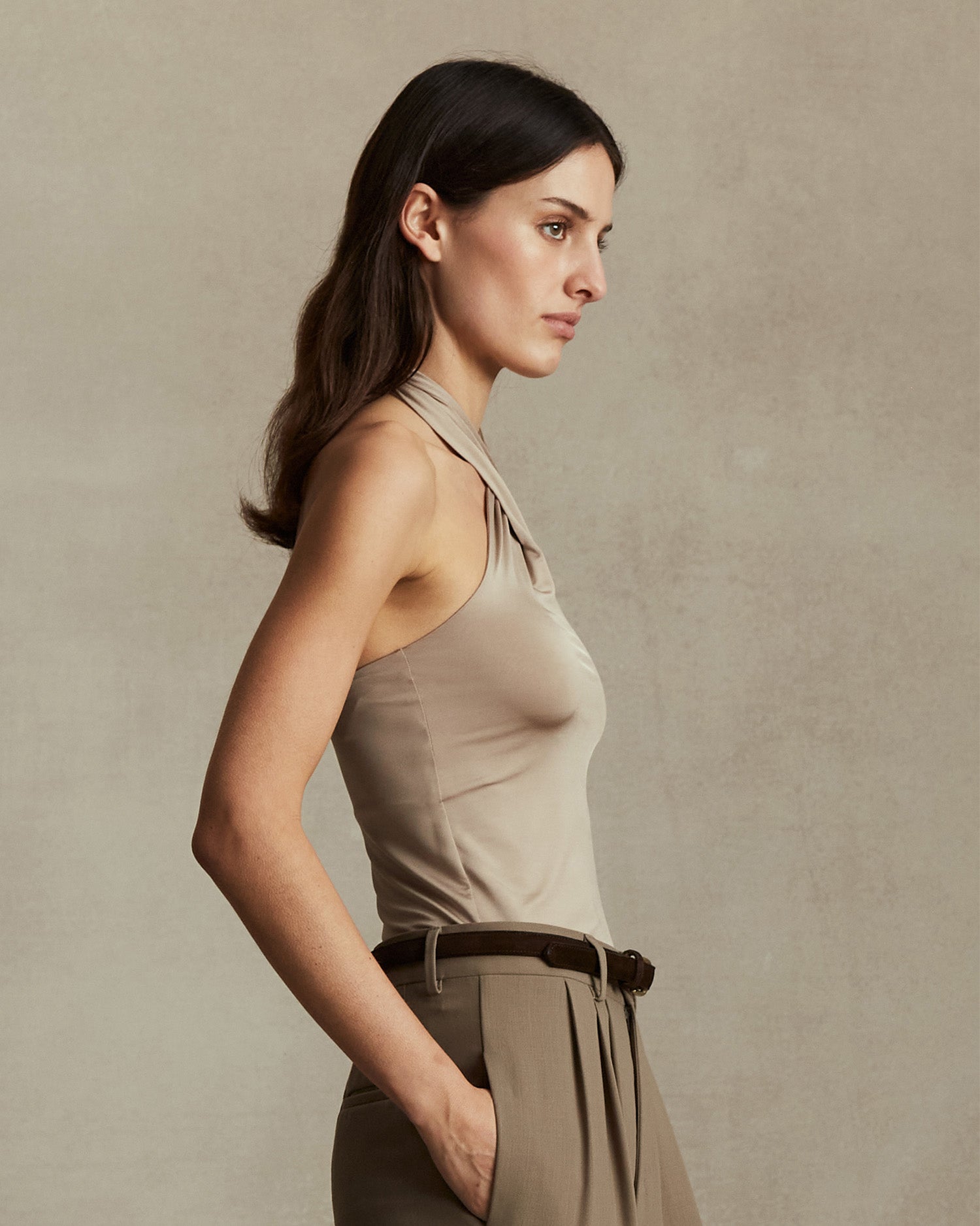 Sarah Jersey Halter Top - Taupe