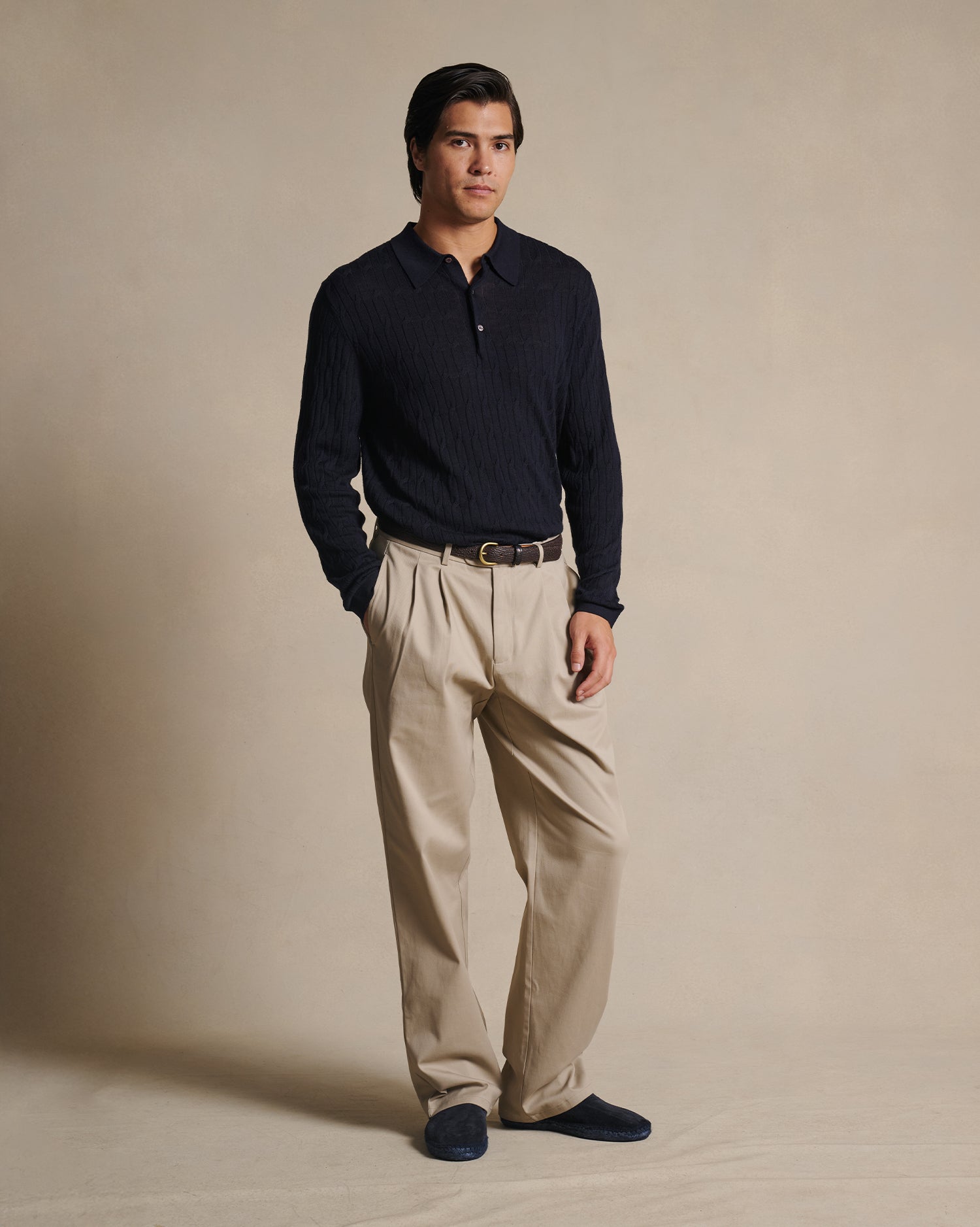 Merino Cable Knit Polo - Navy