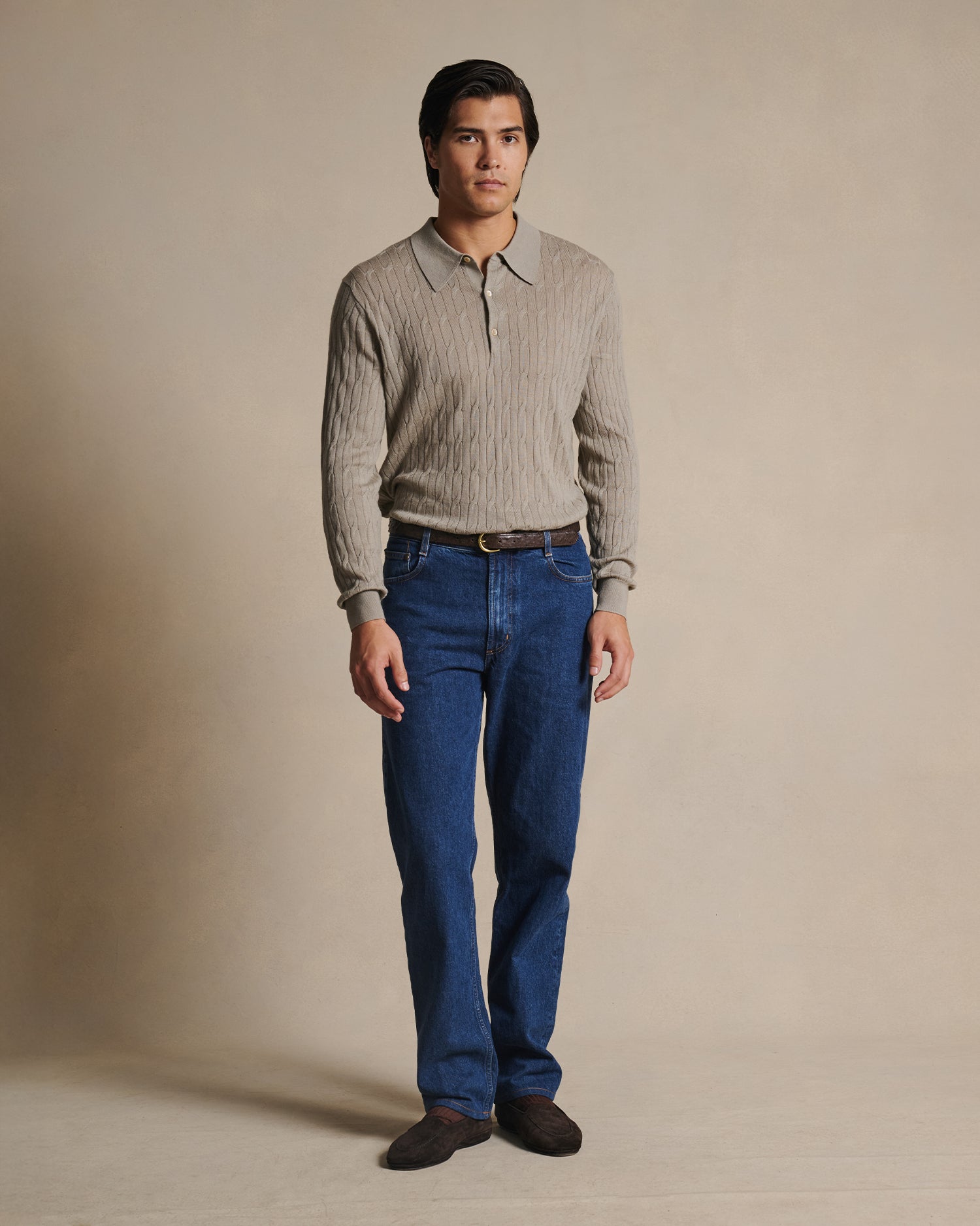 Merino Cable Knit Polo - Stone