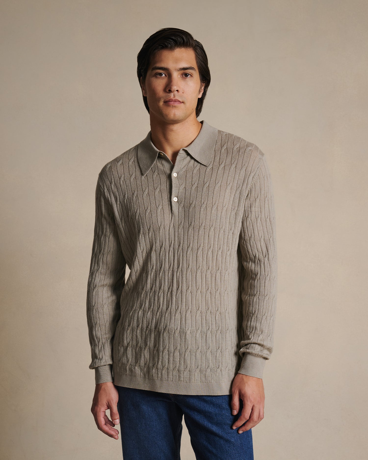 Merino Cable Knit Polo - Stone