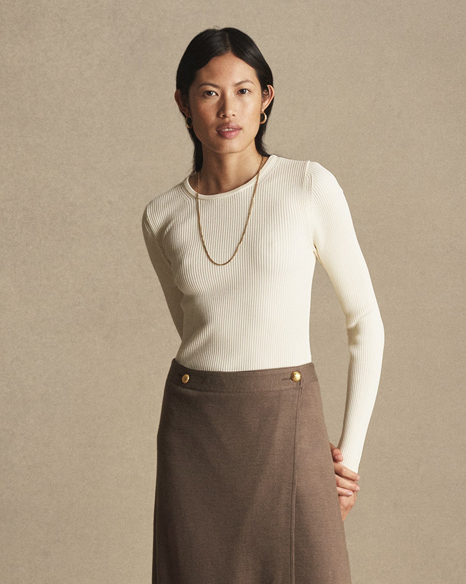 Georgia Rib Knit Long Sleeve Tee - Off White
