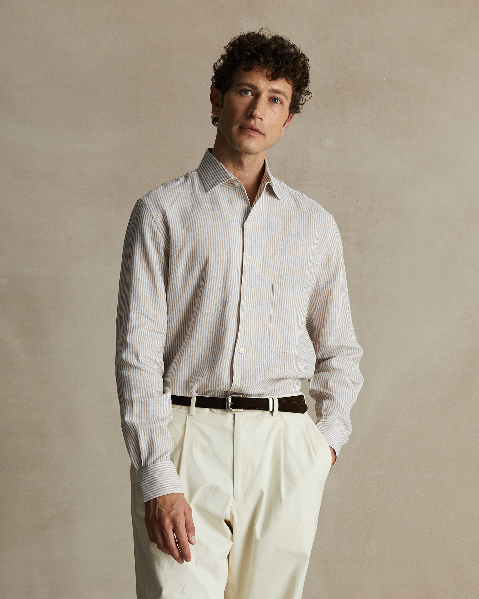 Beige Stripe Summer Linen Shirt