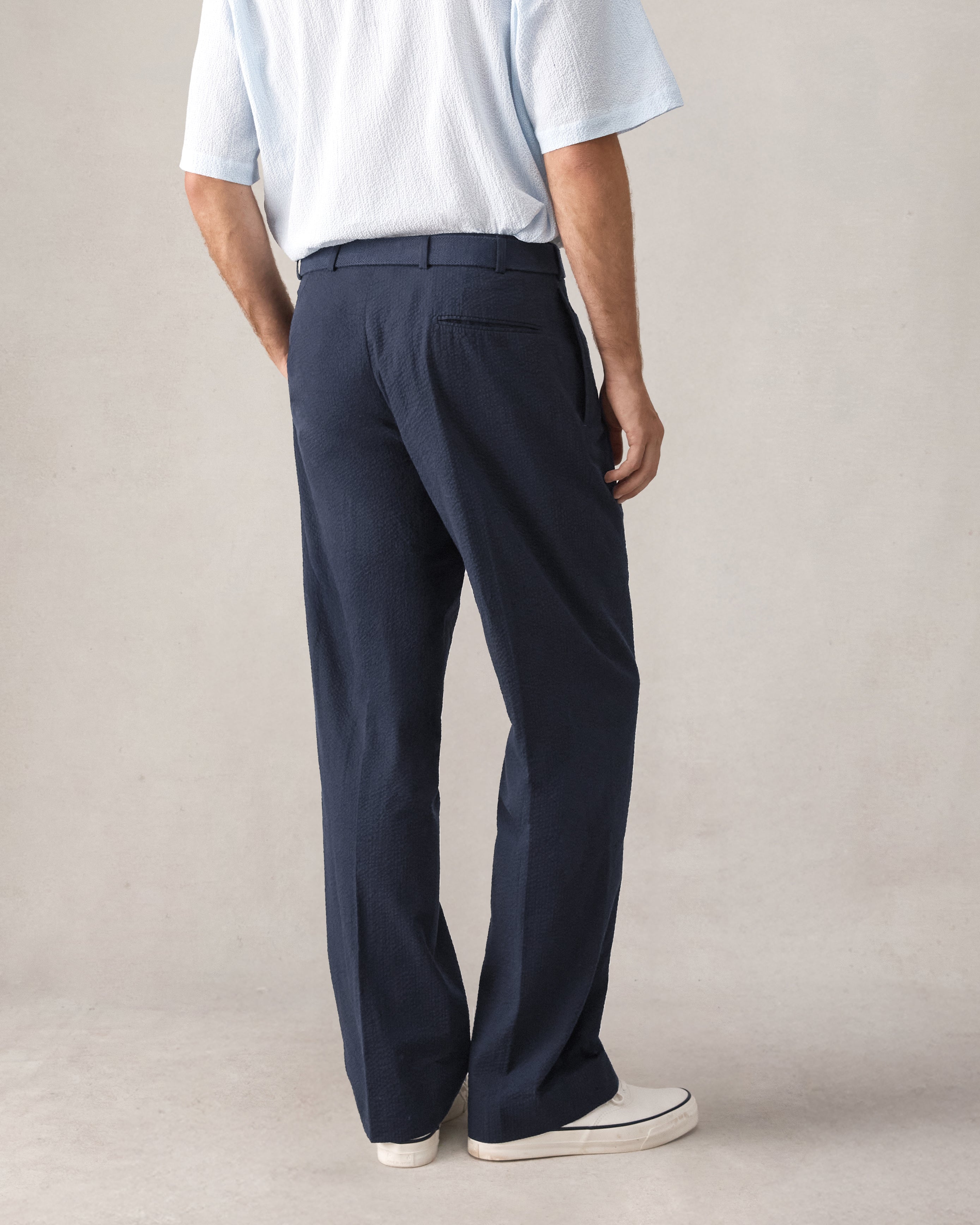 Double Pleated Trousers - Navy Seersucker