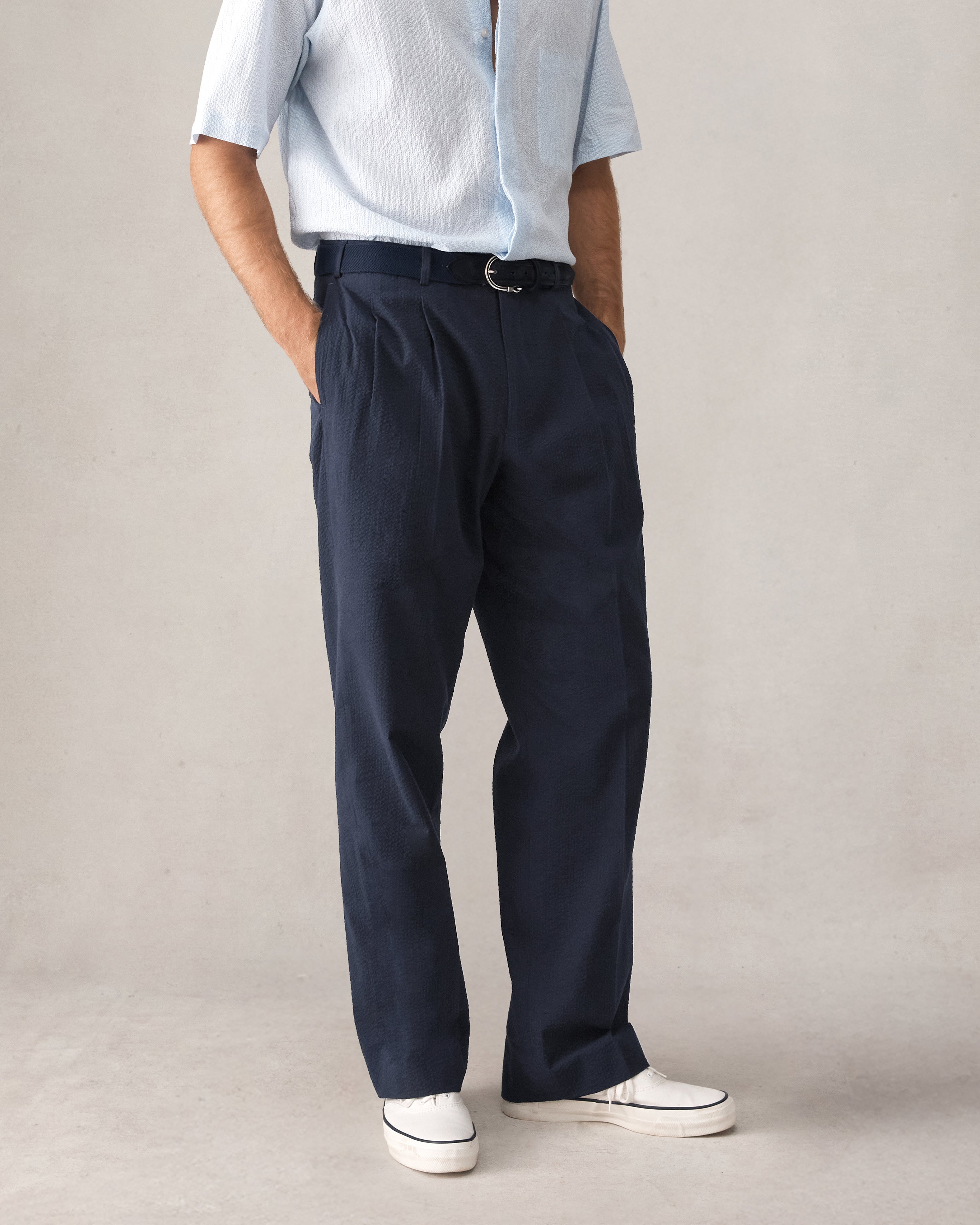 Double Pleated Trousers - Navy Seersucker