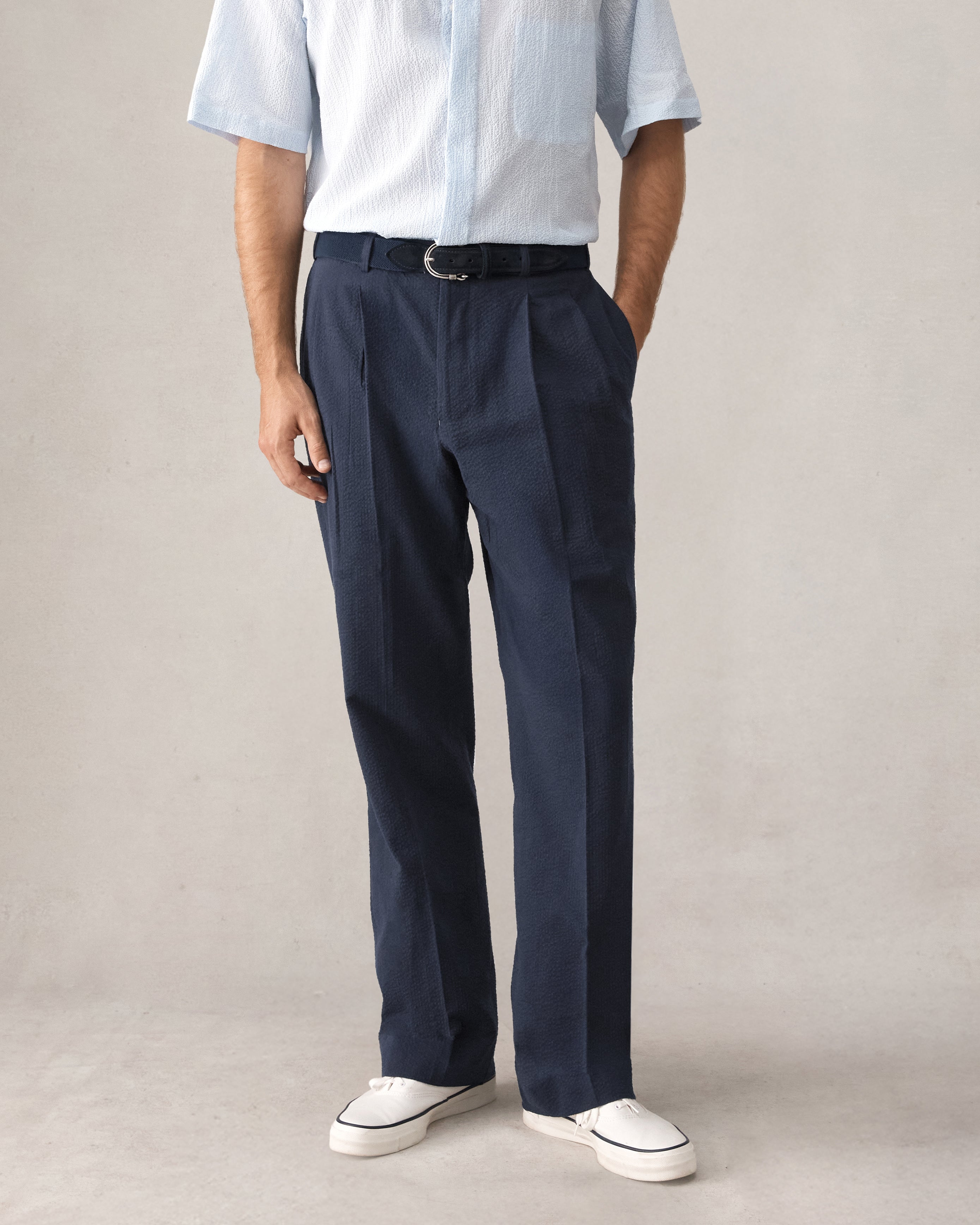Double Pleated Trousers - Navy Seersucker