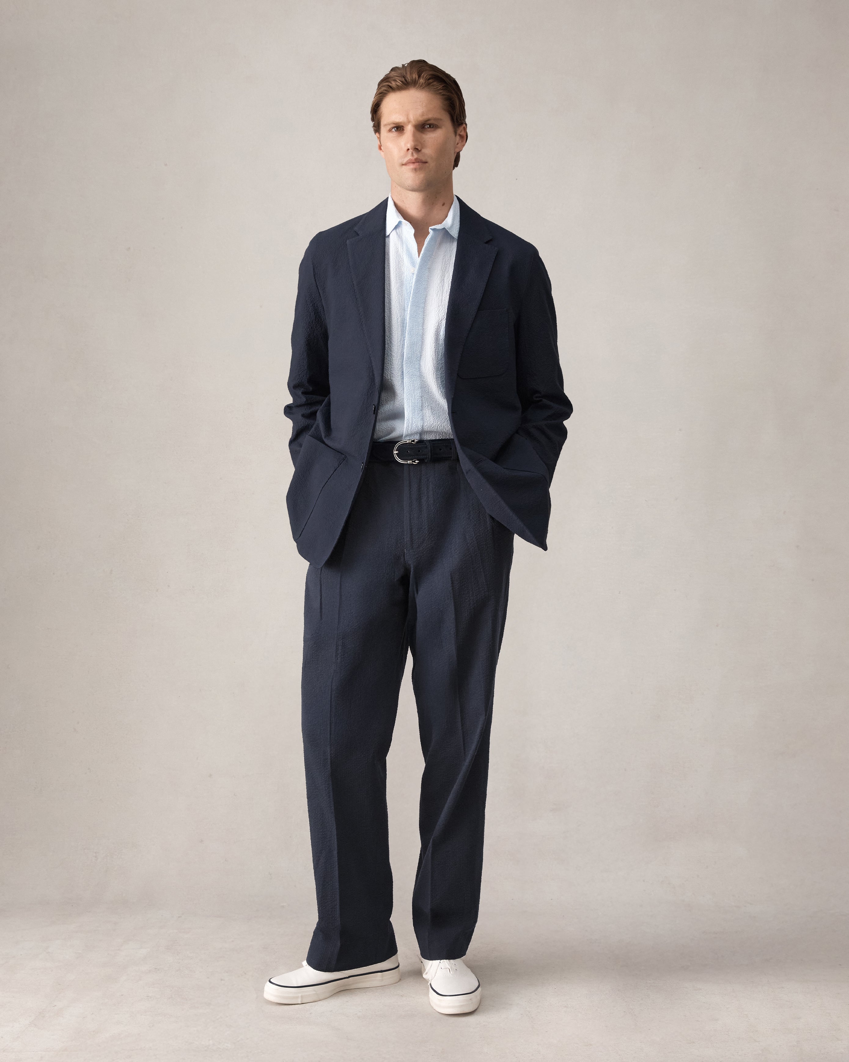 Double Pleated Trousers - Navy Seersucker