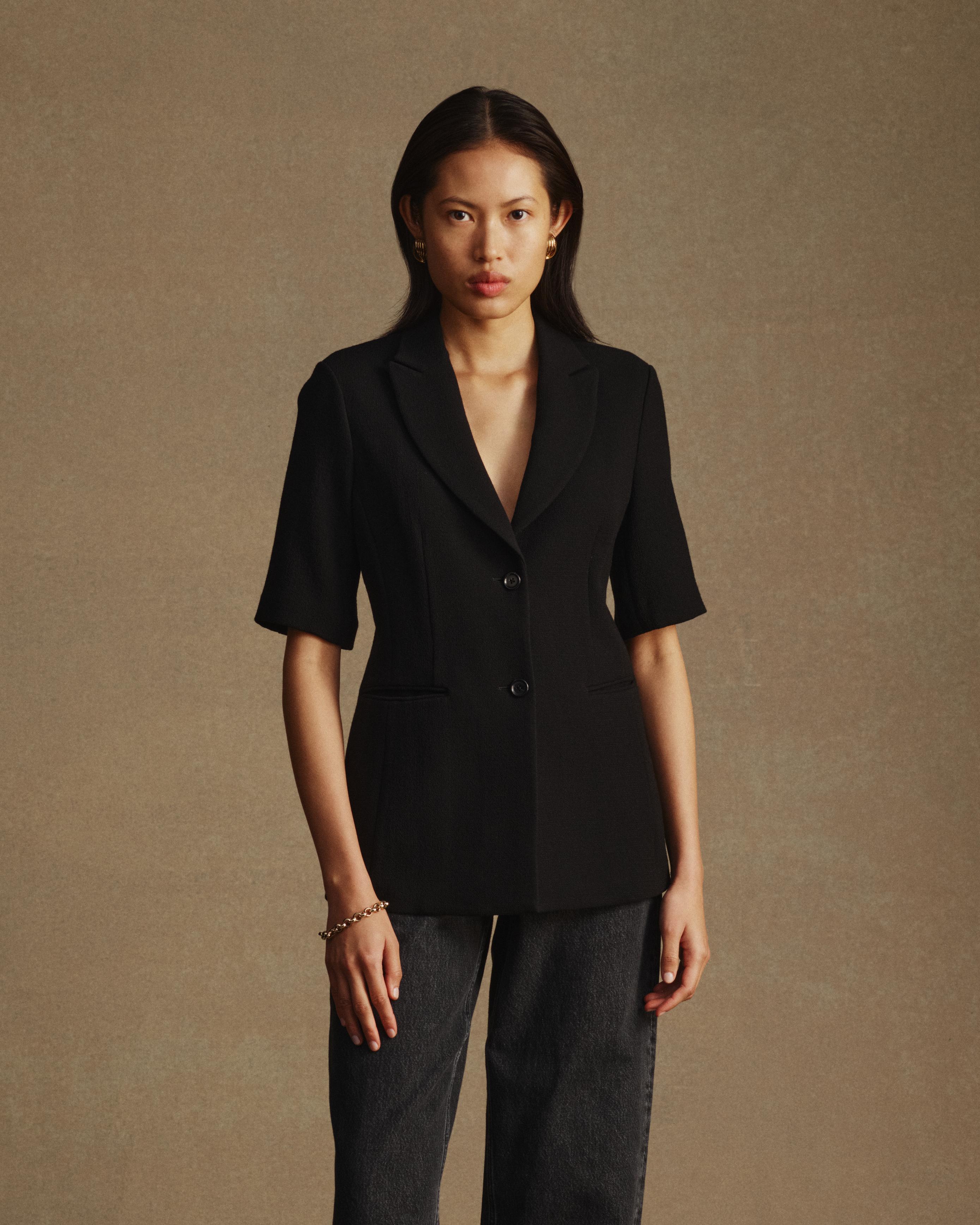 Black Crepe Short-Sleeve Blazer