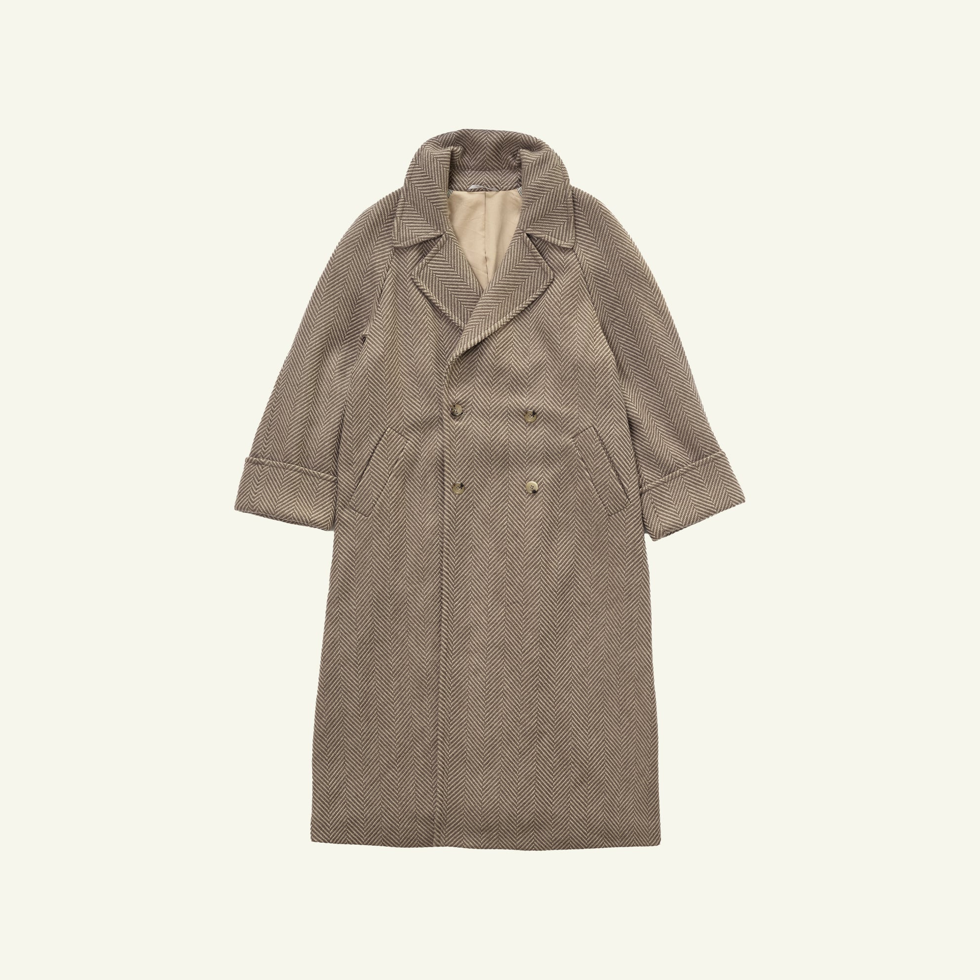 Double Breasted Raglan Overcoat - Taupe Herringbone