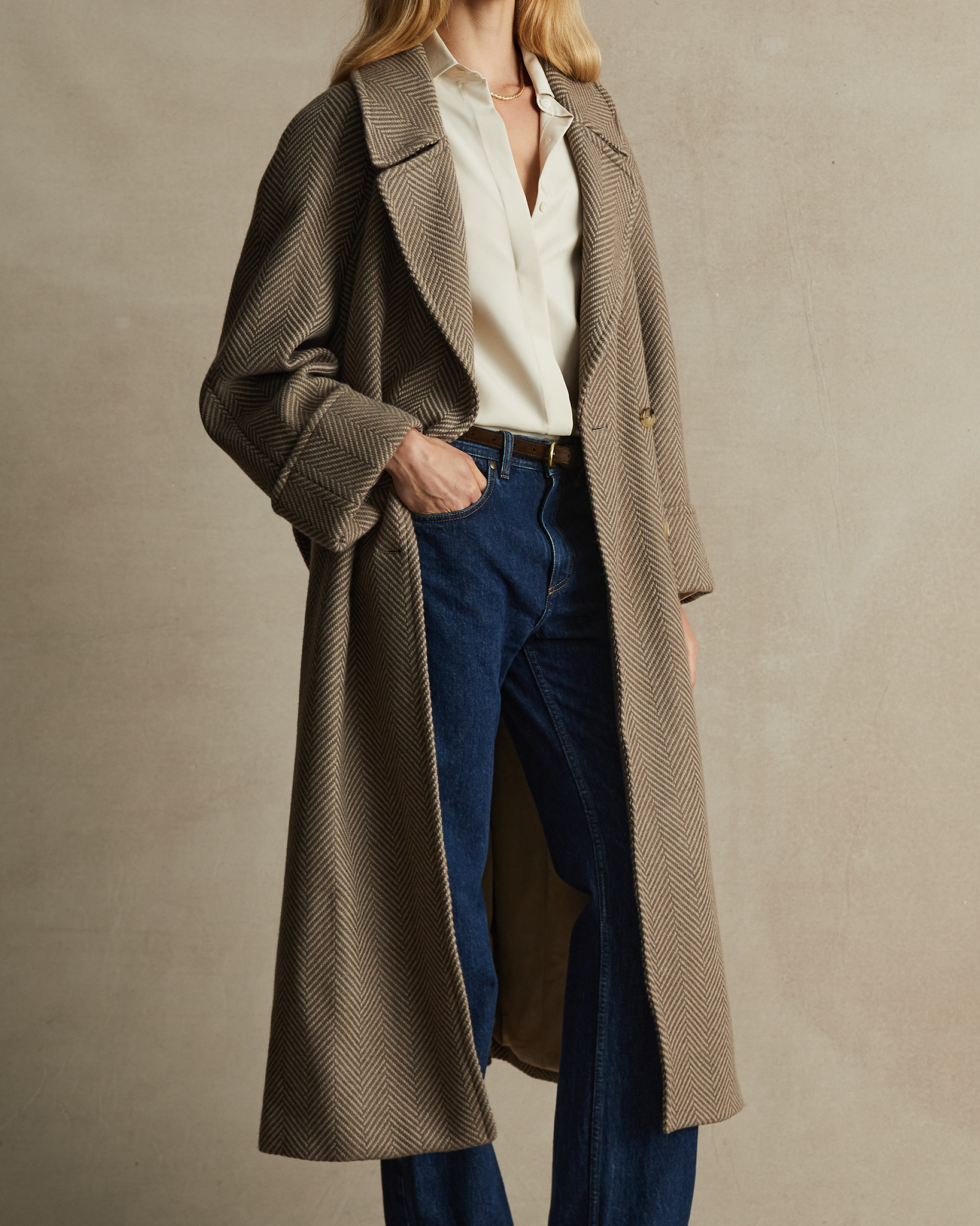 Double Breasted Raglan Overcoat - Taupe Herringbone