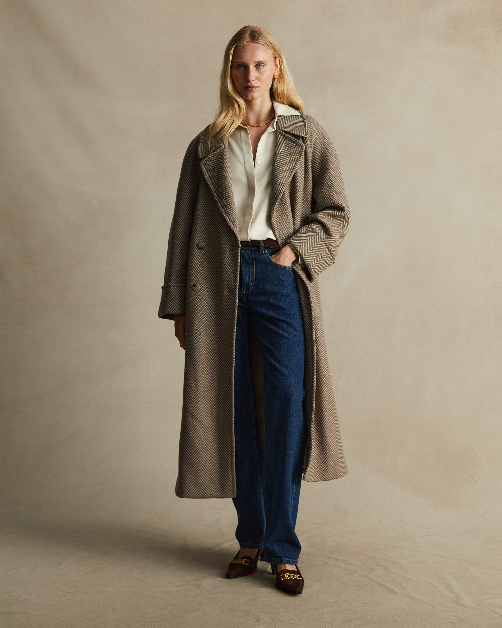 Double Breasted Raglan Overcoat - Taupe Herringbone