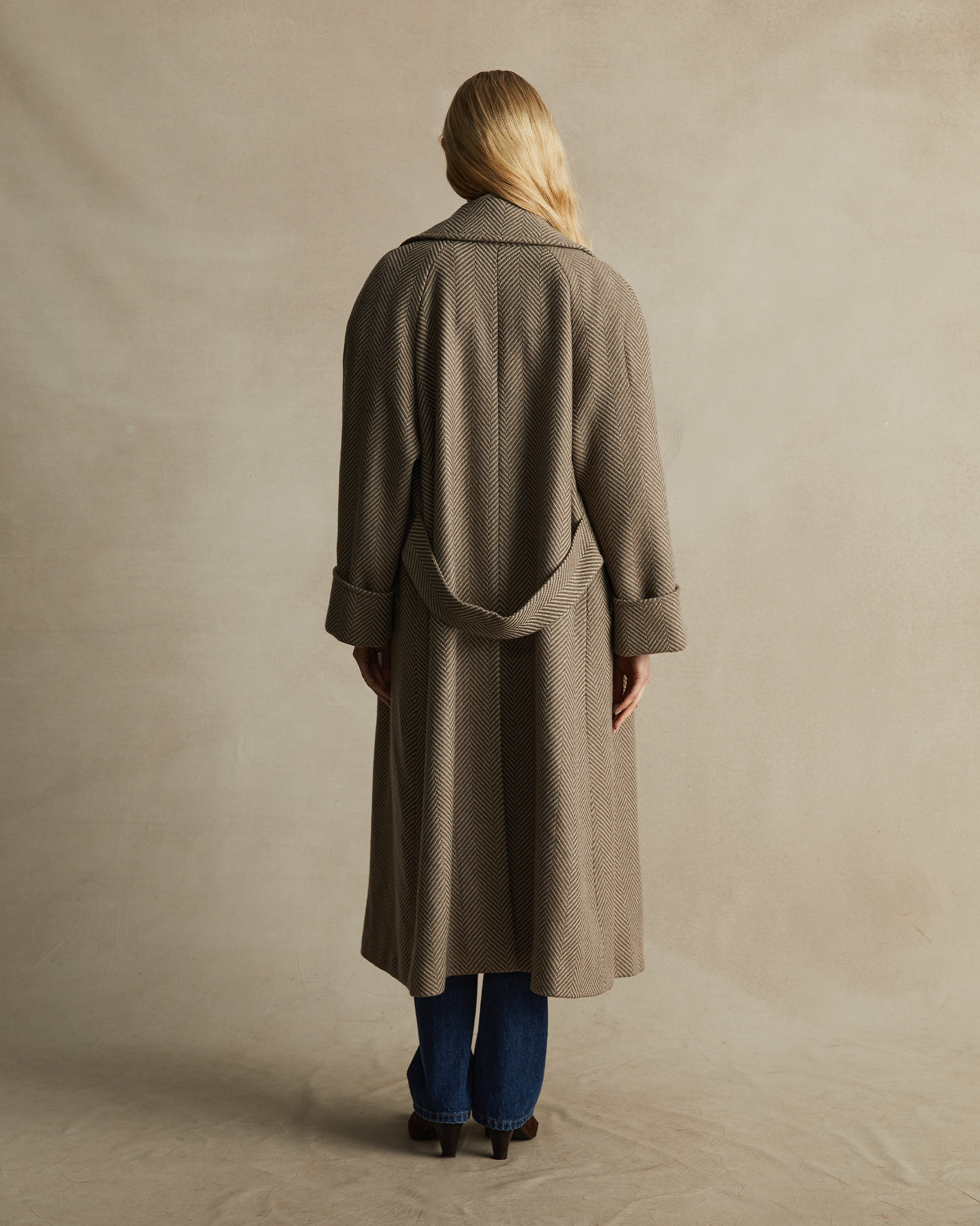 Double Breasted Raglan Overcoat - Taupe Herringbone